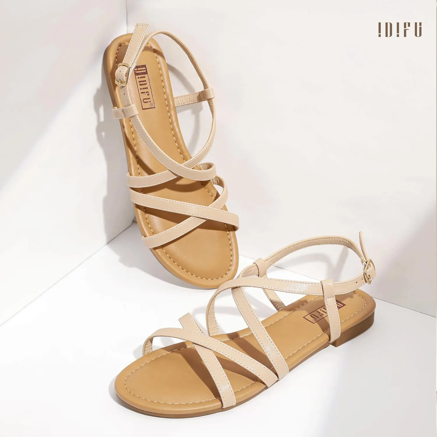 IDIFU Strappy Sandals for Women Open Toe Slingback Ankle Strap Flat Sandals Summer Beach Wedding Bridal Prom Party Work Office Dress Sandals Comfortable Trendy Casual Dressy Sandals