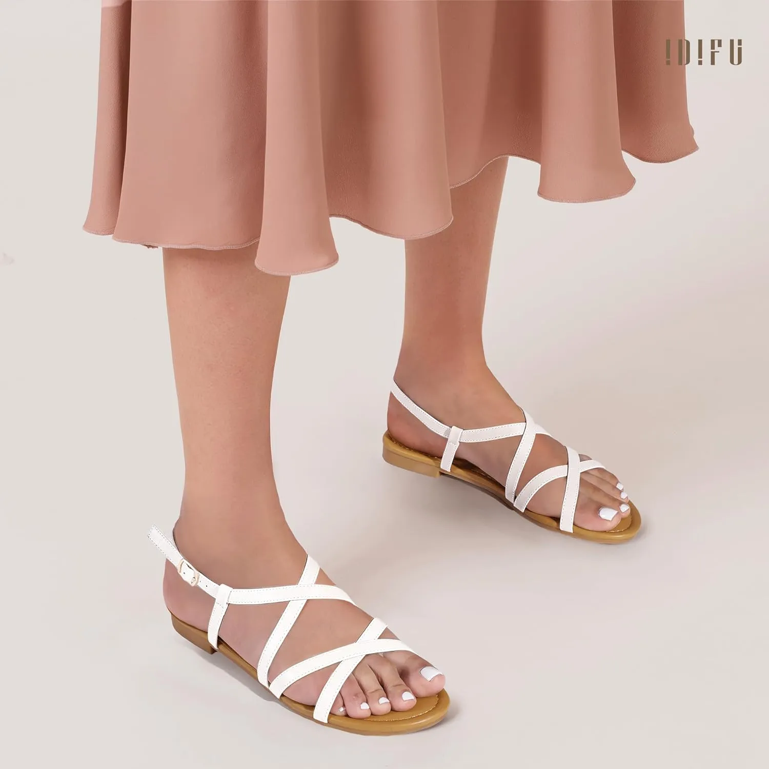 IDIFU Strappy Sandals for Women Open Toe Slingback Ankle Strap Flat Sandals Summer Beach Wedding Bridal Prom Party Work Office Dress Sandals Comfortable Trendy Casual Dressy Sandals