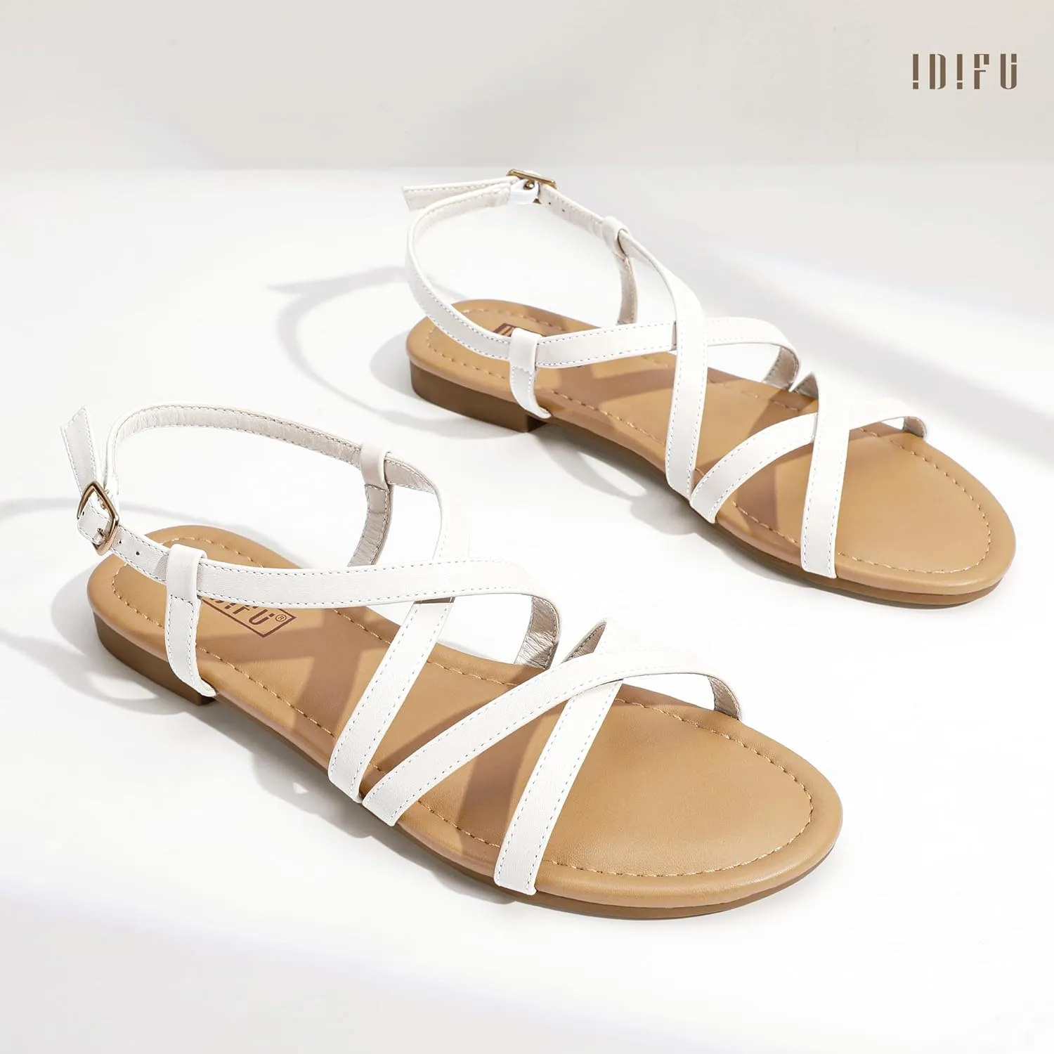 IDIFU Strappy Sandals for Women Open Toe Slingback Ankle Strap Flat Sandals Summer Beach Wedding Bridal Prom Party Work Office Dress Sandals Comfortable Trendy Casual Dressy Sandals