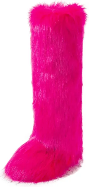 IXU Women's Faux Fur Boot Furry Fluffy Round Toe Suede Winter Comfy Plush Warm Short Outdoor Indoor Flat Shoes Knee-High Boots