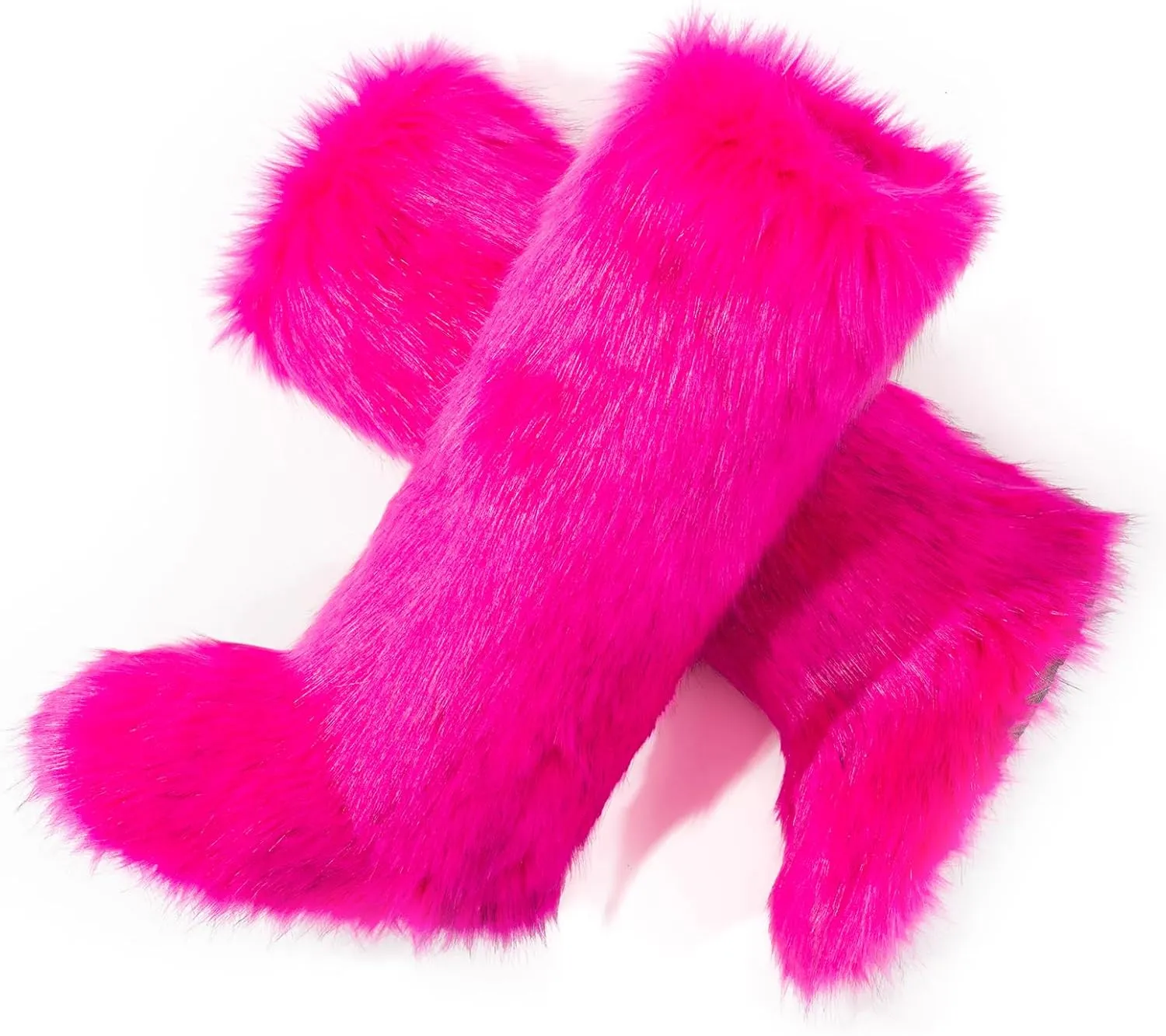 IXU Women's Faux Fur Boot Furry Fluffy Round Toe Suede Winter Comfy Plush Warm Short Outdoor Indoor Flat Shoes Knee-High Boots