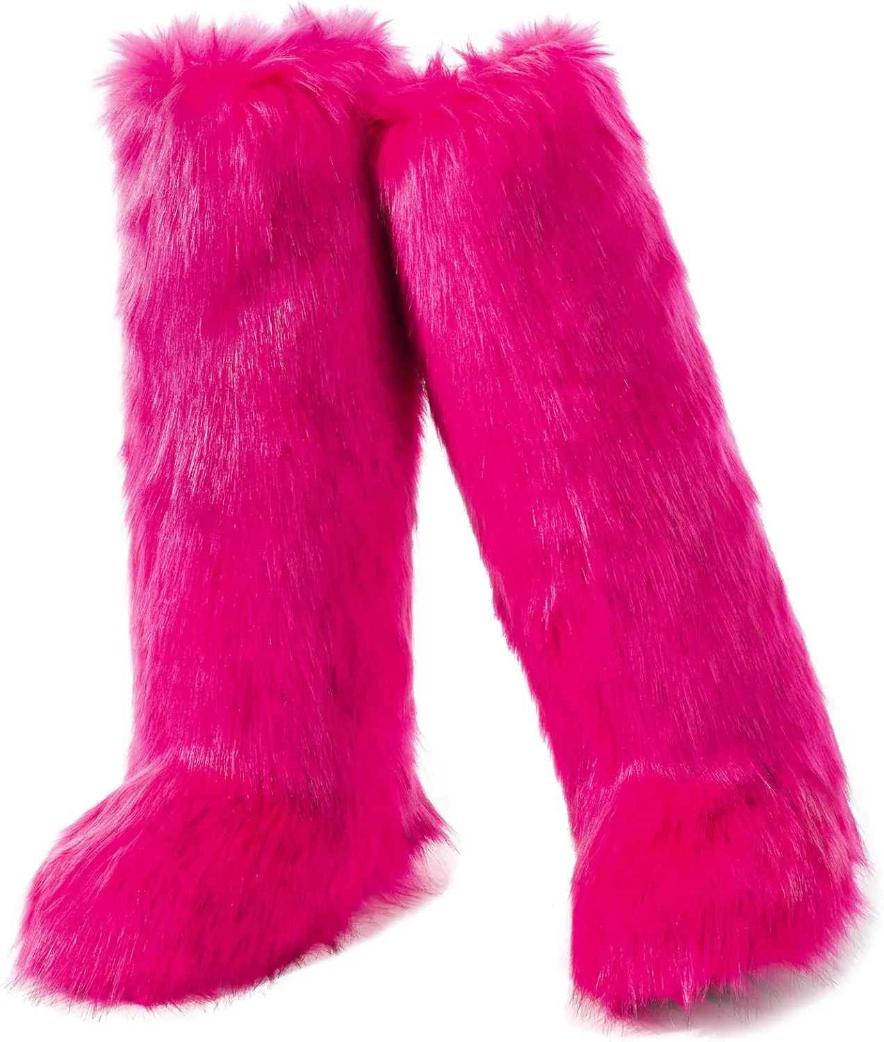 IXU Women's Faux Fur Boot Furry Fluffy Round Toe Suede Winter Comfy Plush Warm Short Outdoor Indoor Flat Shoes Knee-High Boots