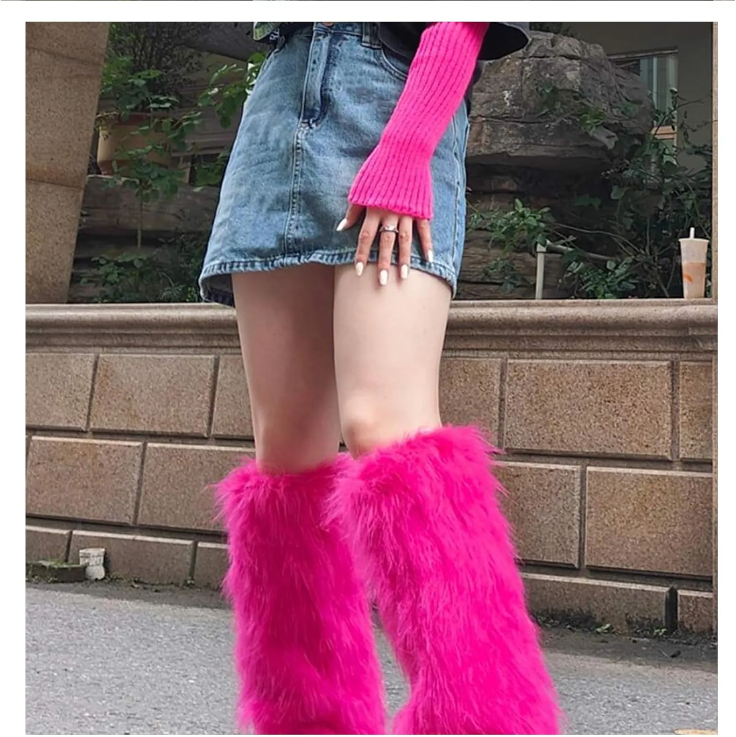 IXU Women's Faux Fur Boot Furry Fluffy Round Toe Suede Winter Comfy Plush Warm Short Outdoor Indoor Flat Shoes Knee-High Boots
