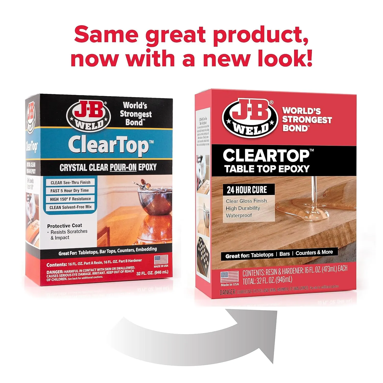 J-B Weld Tabletop Epoxy Resin, 32oz Kit, Cures Clear, Fast Cure Time, Minimal Bubbling, Scratch & Water Resistant