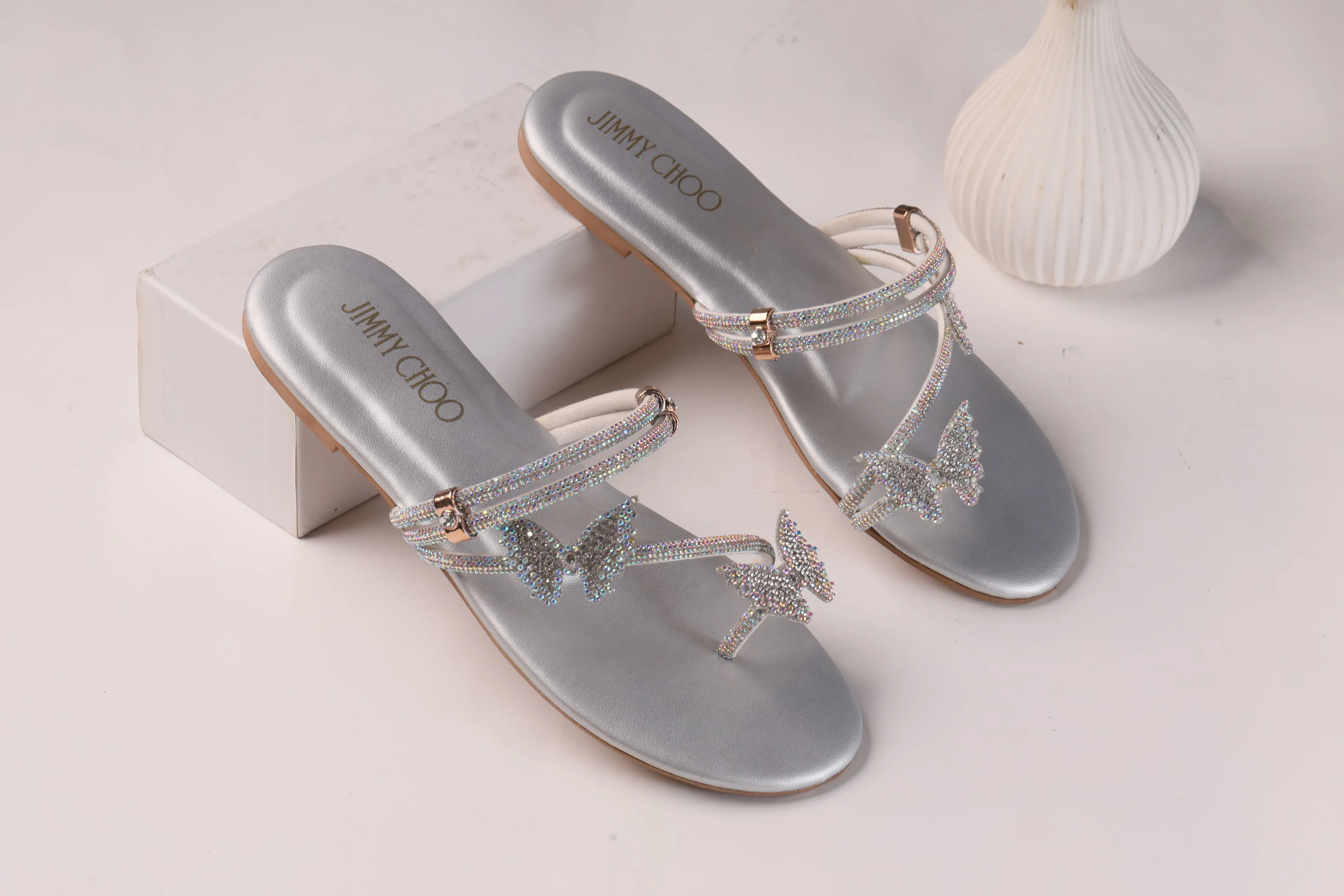 JIMMY CHOO Shinnying Rhinestone Butterfly Flat Slippers