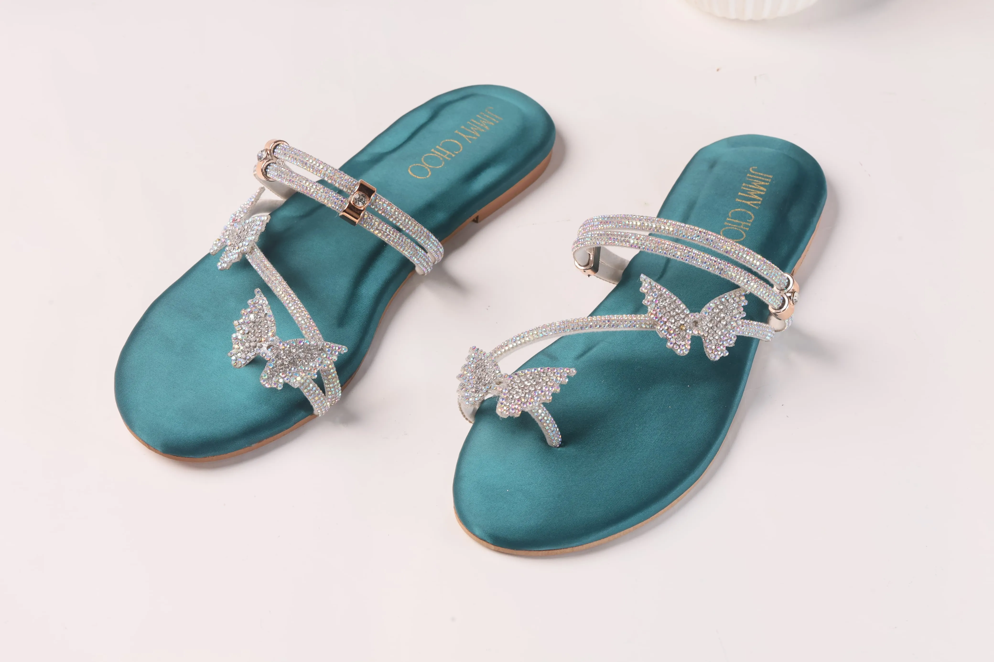 JIMMY CHOO Shinnying Rhinestone Butterfly Flat Slippers