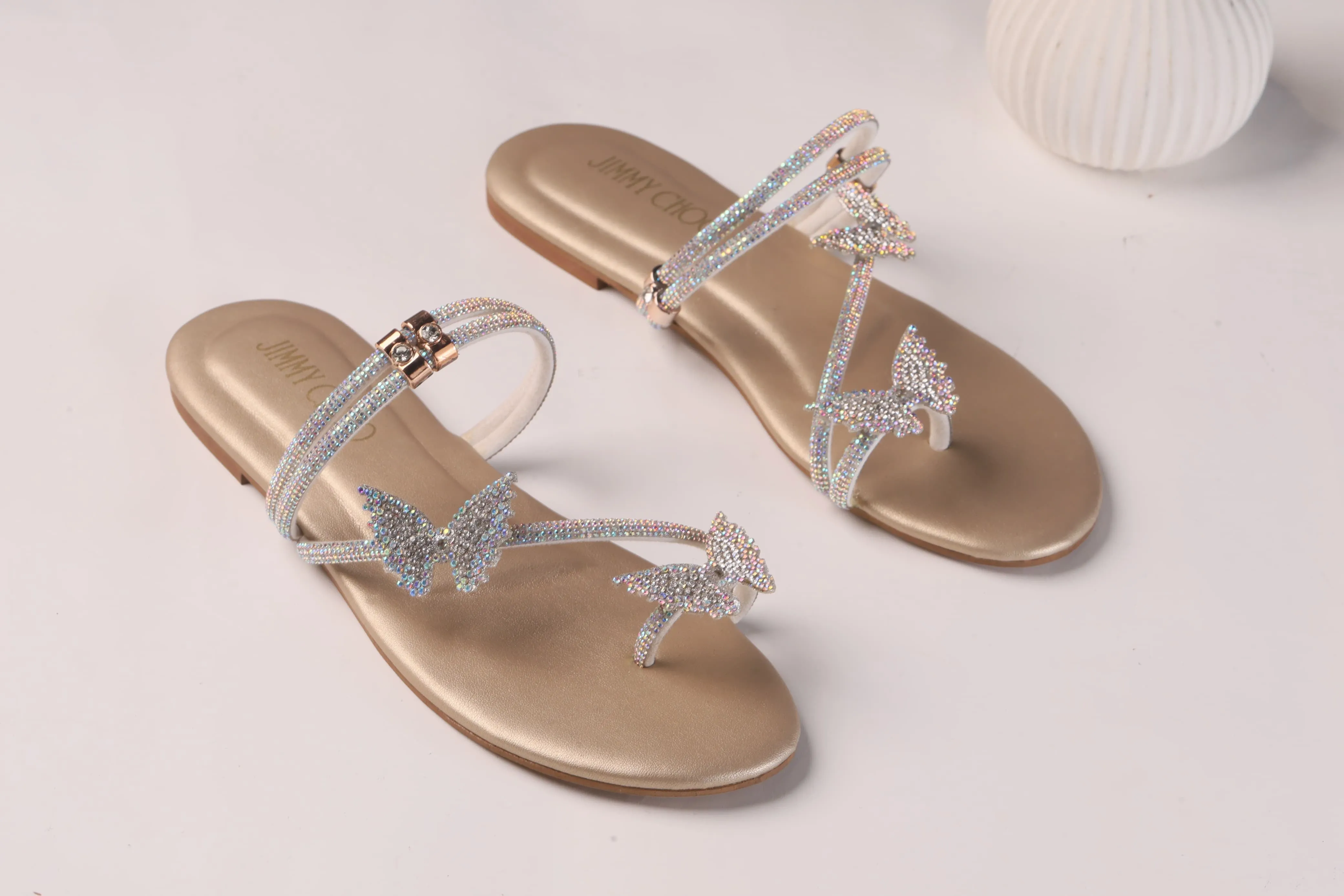 JIMMY CHOO Shinnying Rhinestone Butterfly Flat Slippers