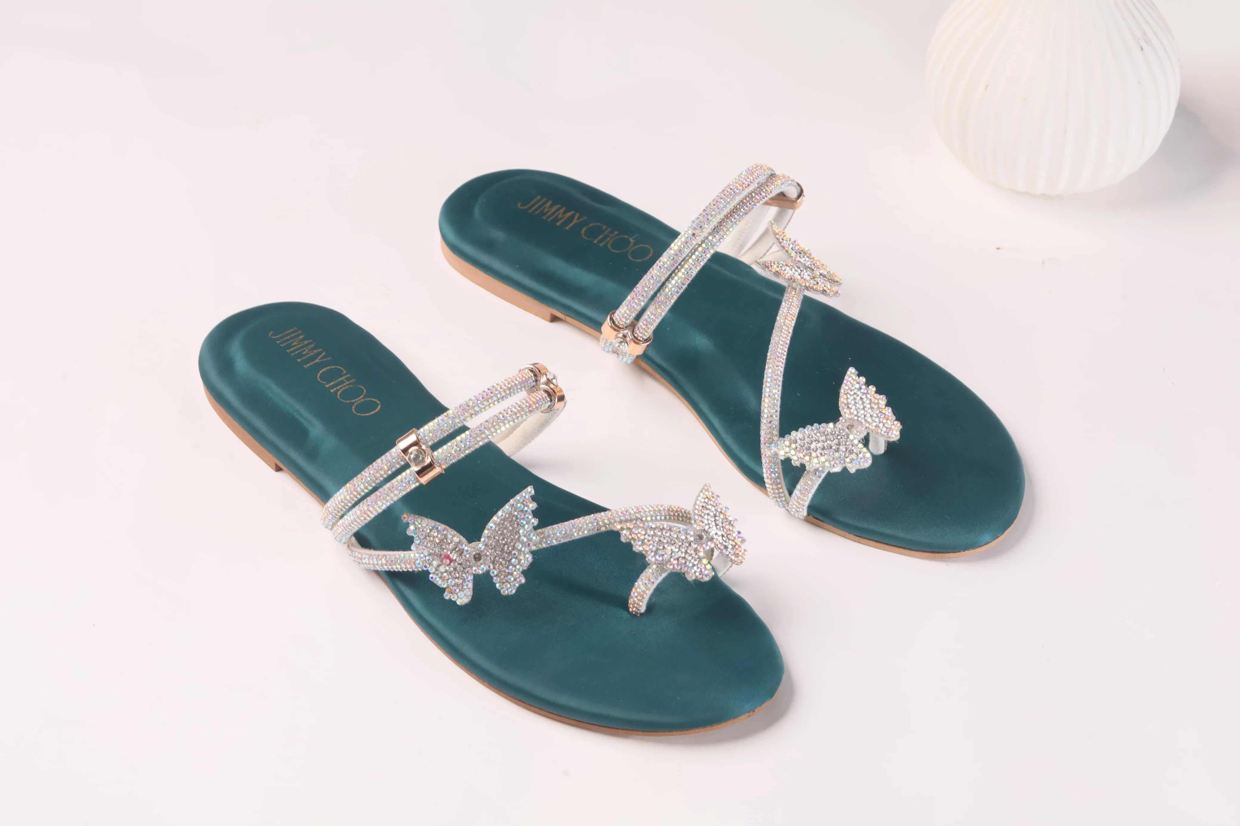 JIMMY CHOO Shinnying Rhinestone Butterfly Flat Slippers