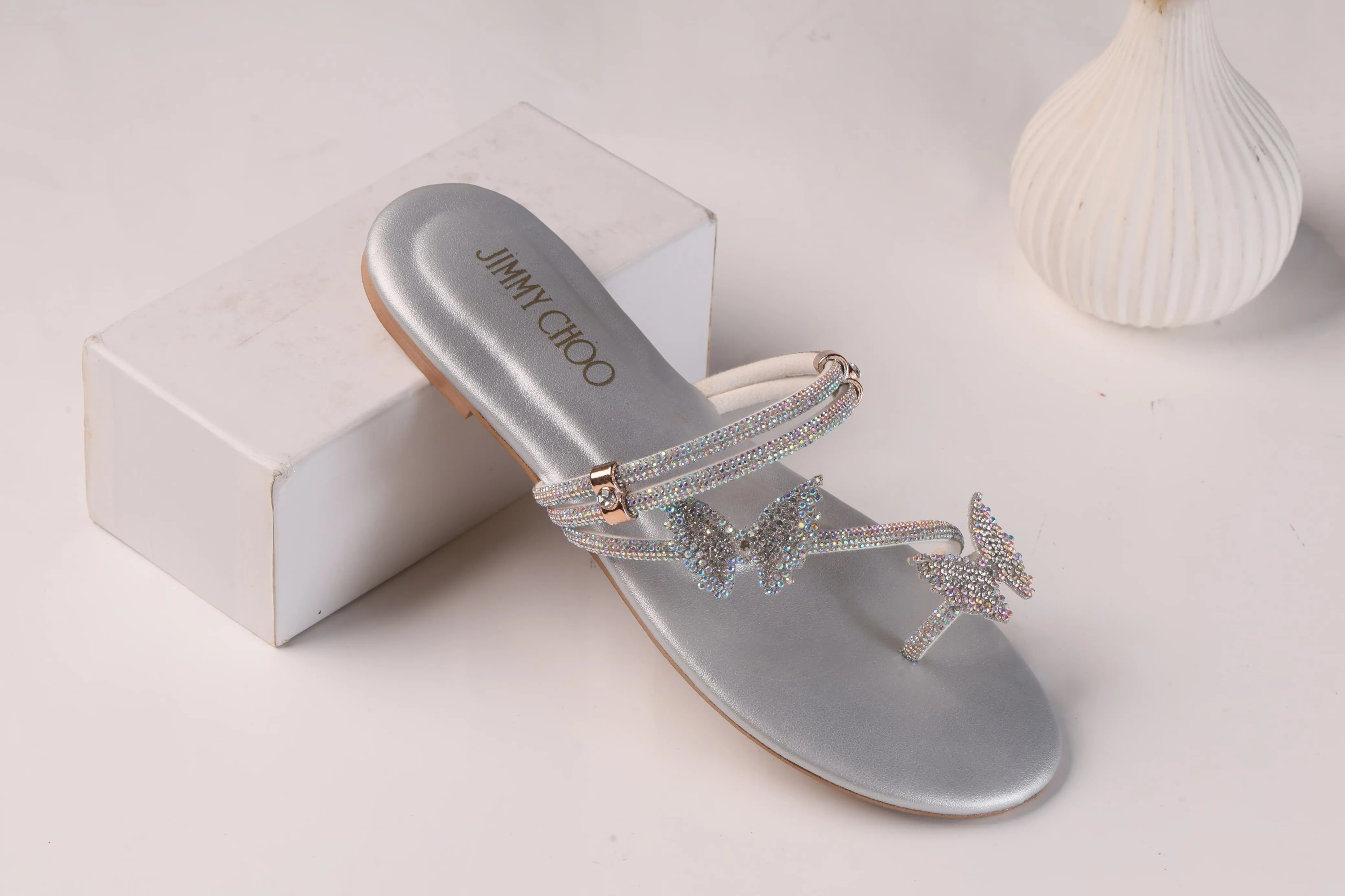 JIMMY CHOO Shinnying Rhinestone Butterfly Flat Slippers