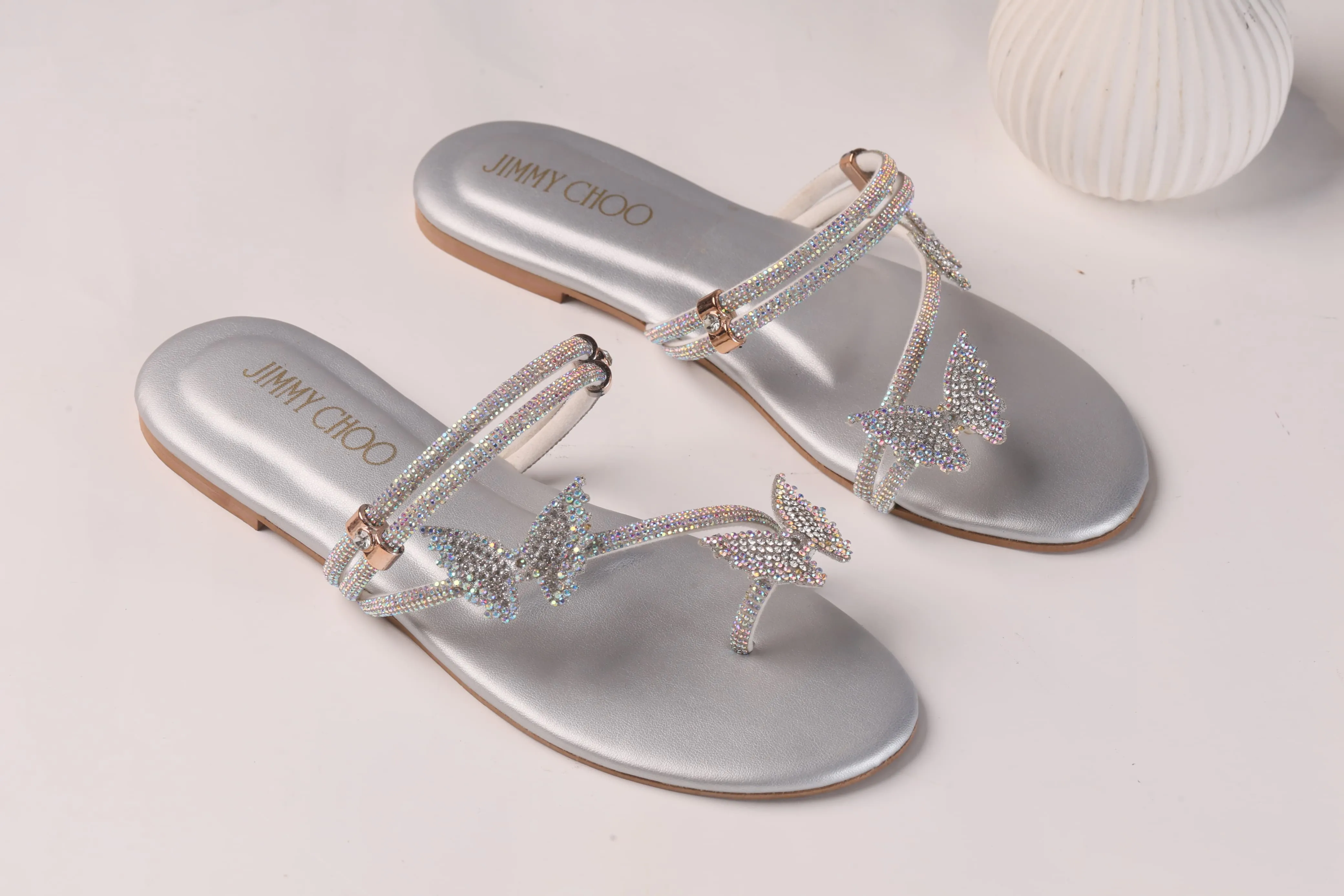 JIMMY CHOO Shinnying Rhinestone Butterfly Flat Slippers