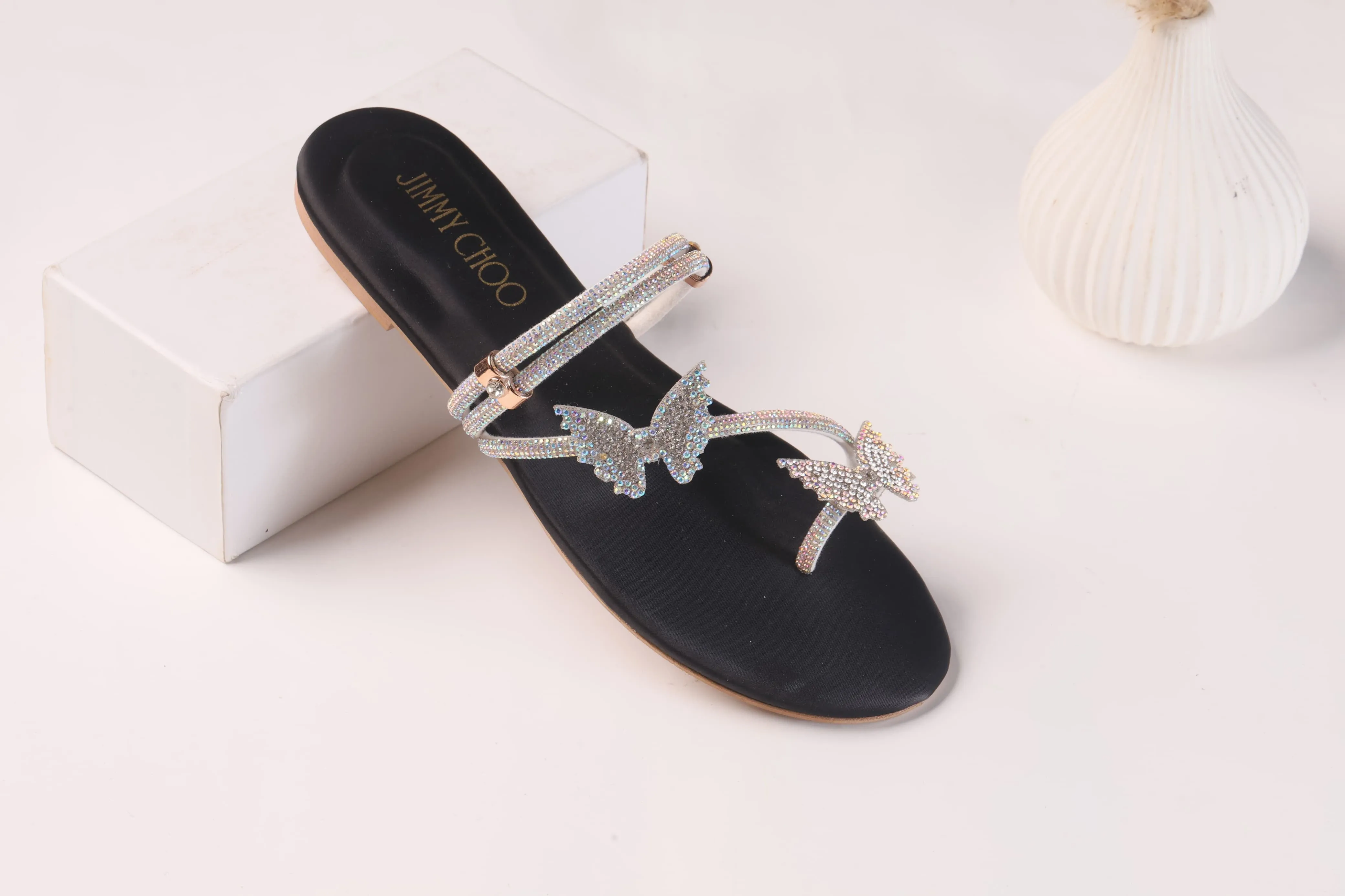 JIMMY CHOO Shinnying Rhinestone Butterfly Flat Slippers