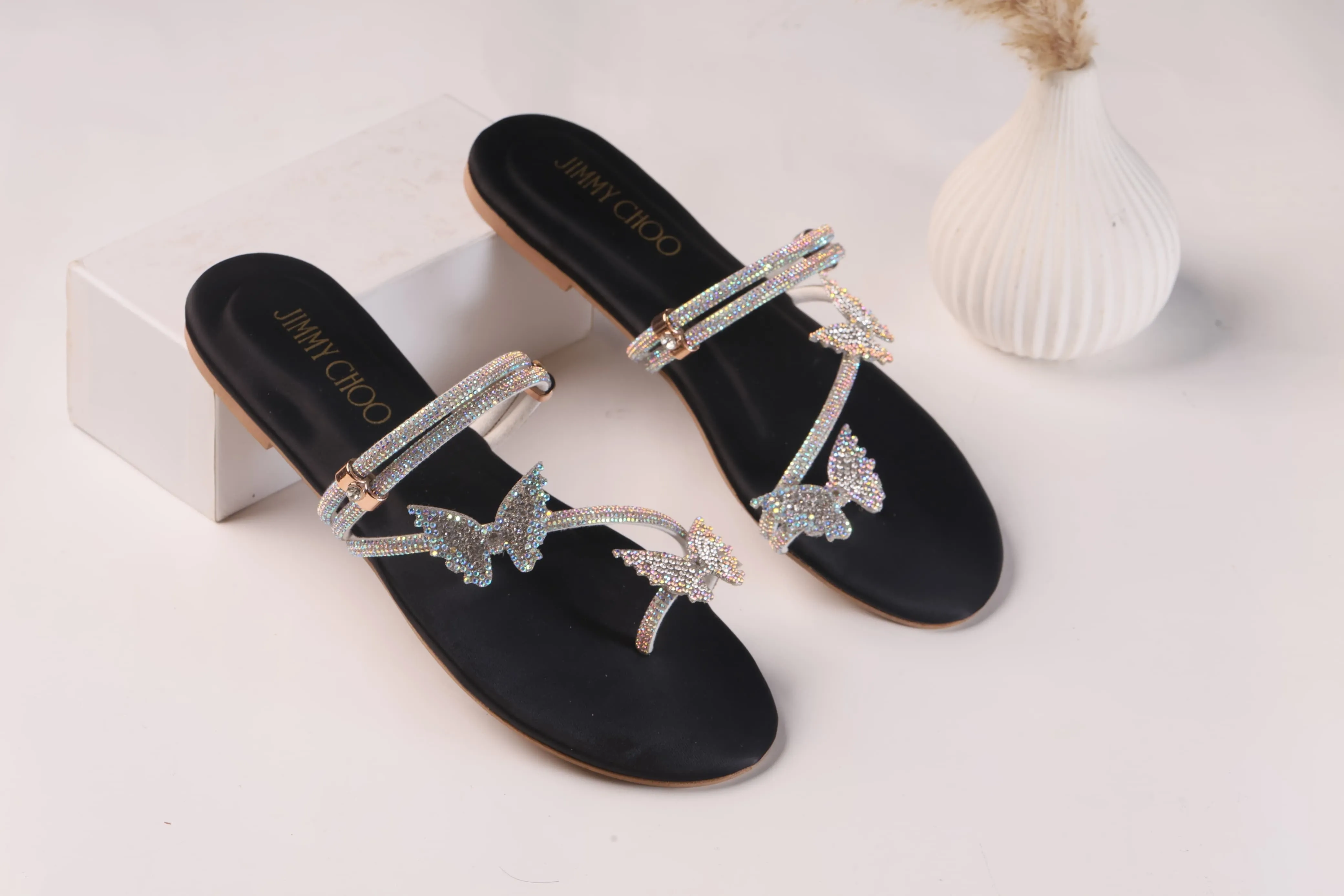 JIMMY CHOO Shinnying Rhinestone Butterfly Flat Slippers