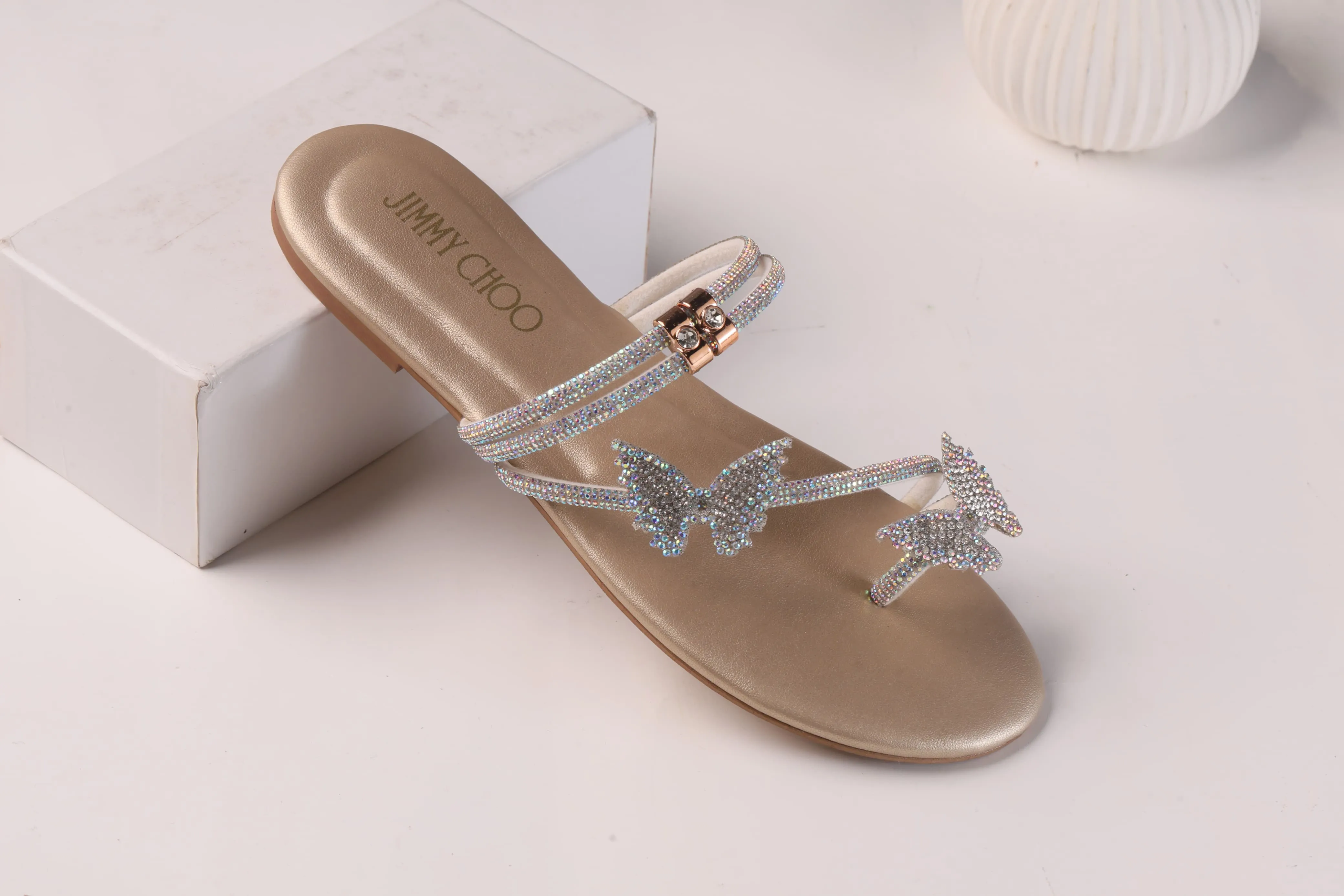 JIMMY CHOO Shinnying Rhinestone Butterfly Flat Slippers