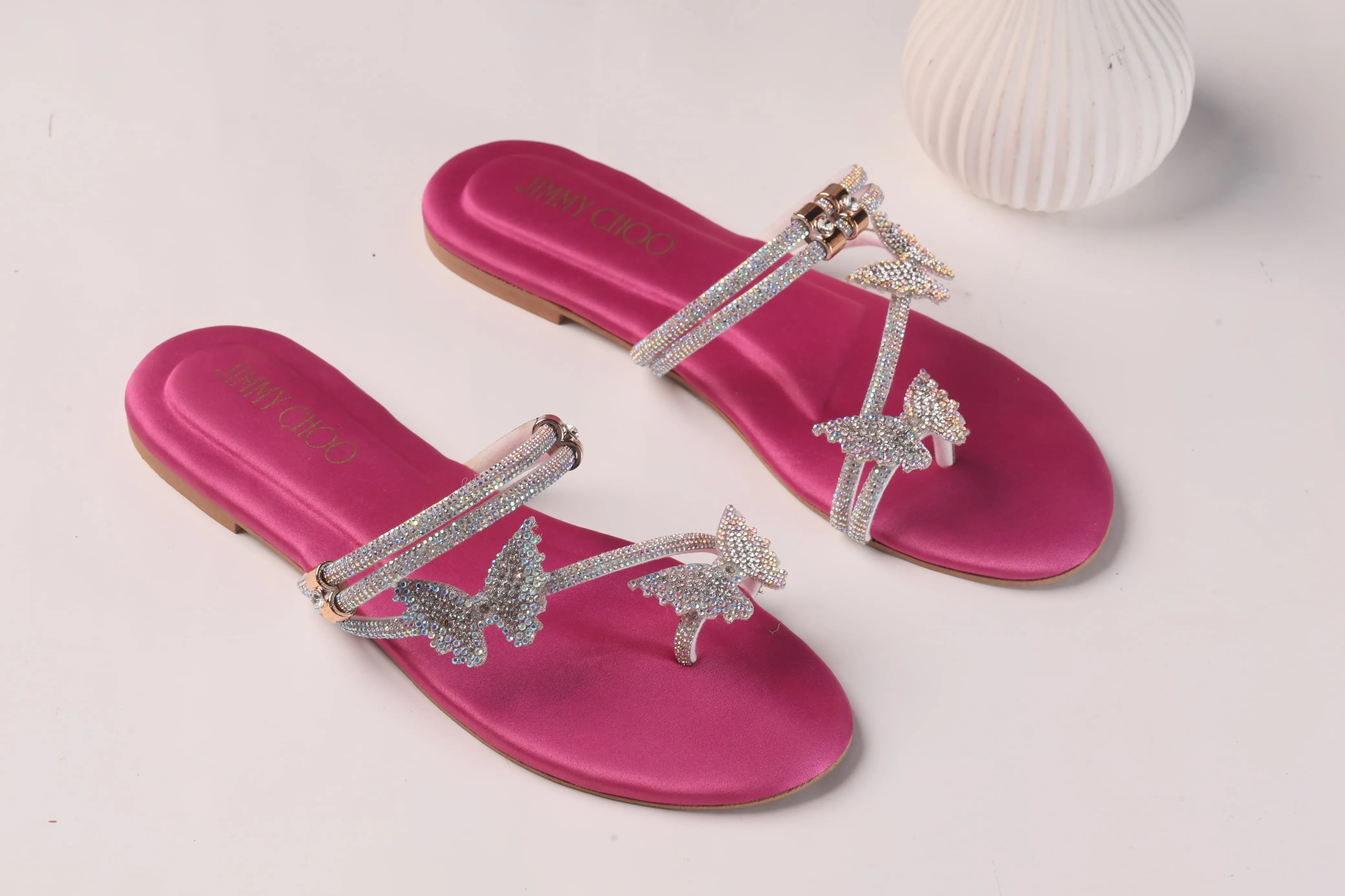 JIMMY CHOO Shinnying Rhinestone Butterfly Flat Slippers