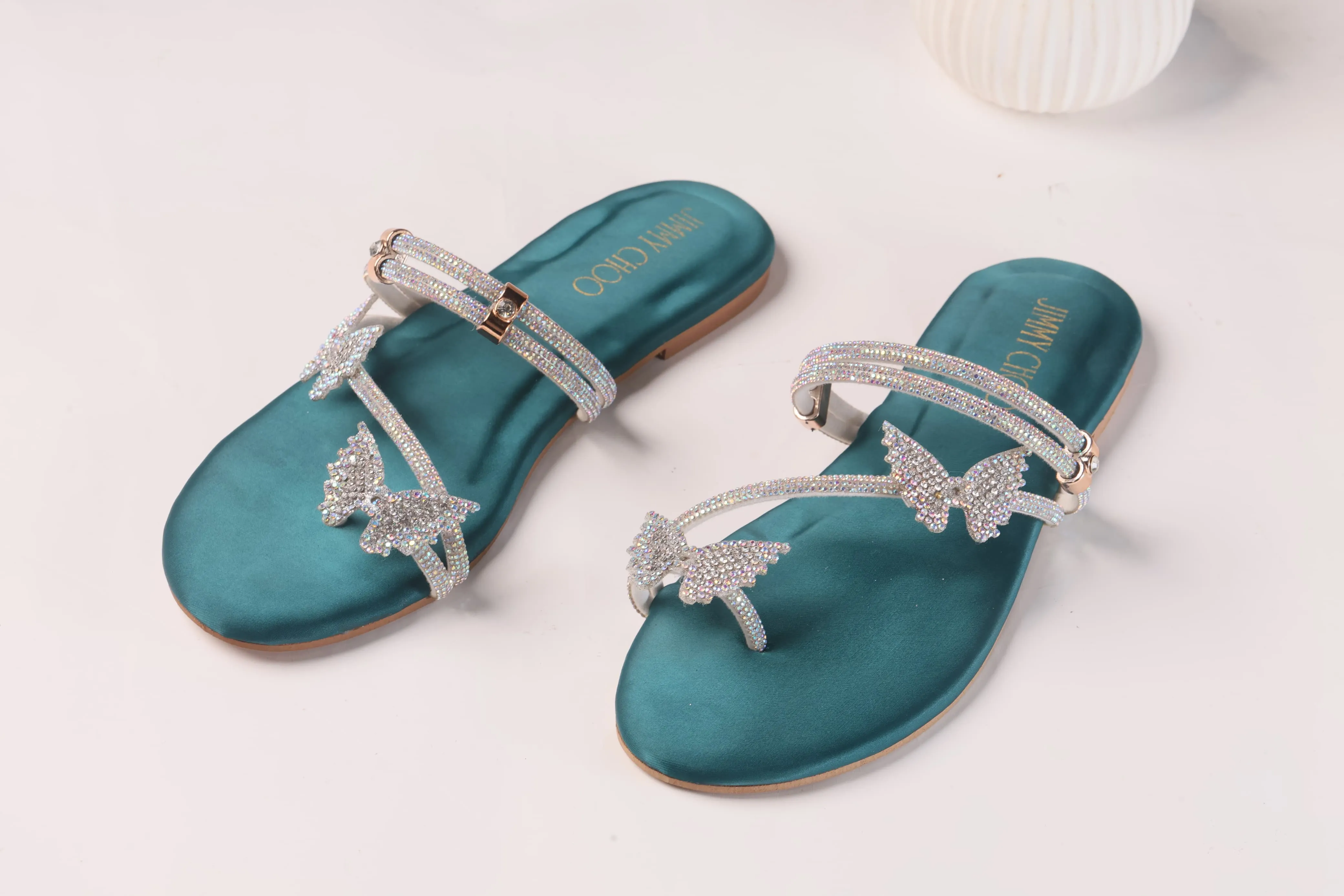 JIMMY CHOO Shinnying Rhinestone Butterfly Flat Slippers
