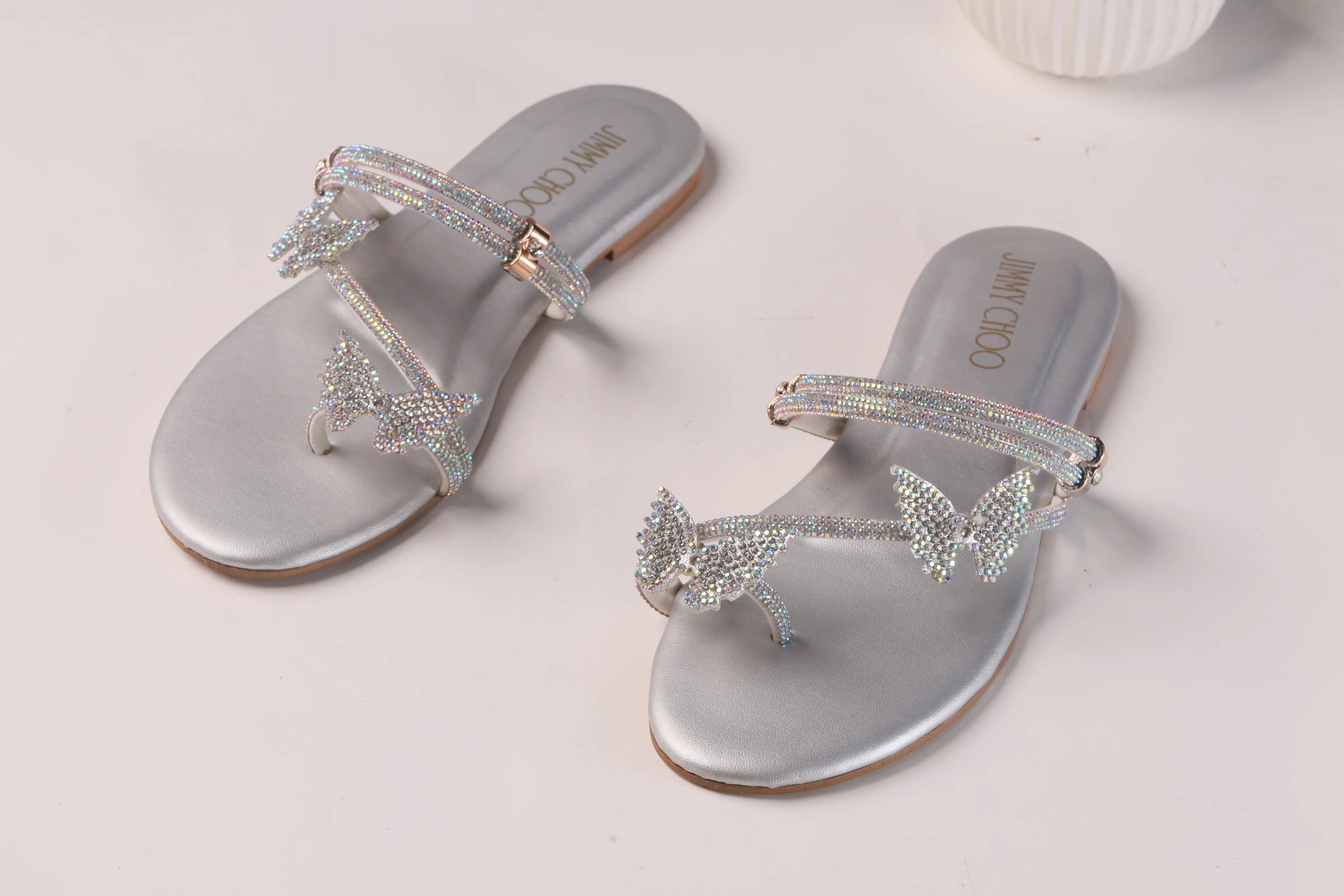 JIMMY CHOO Shinnying Rhinestone Butterfly Flat Slippers