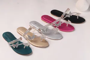 JIMMY CHOO Shinnying Rhinestone Butterfly Flat Slippers