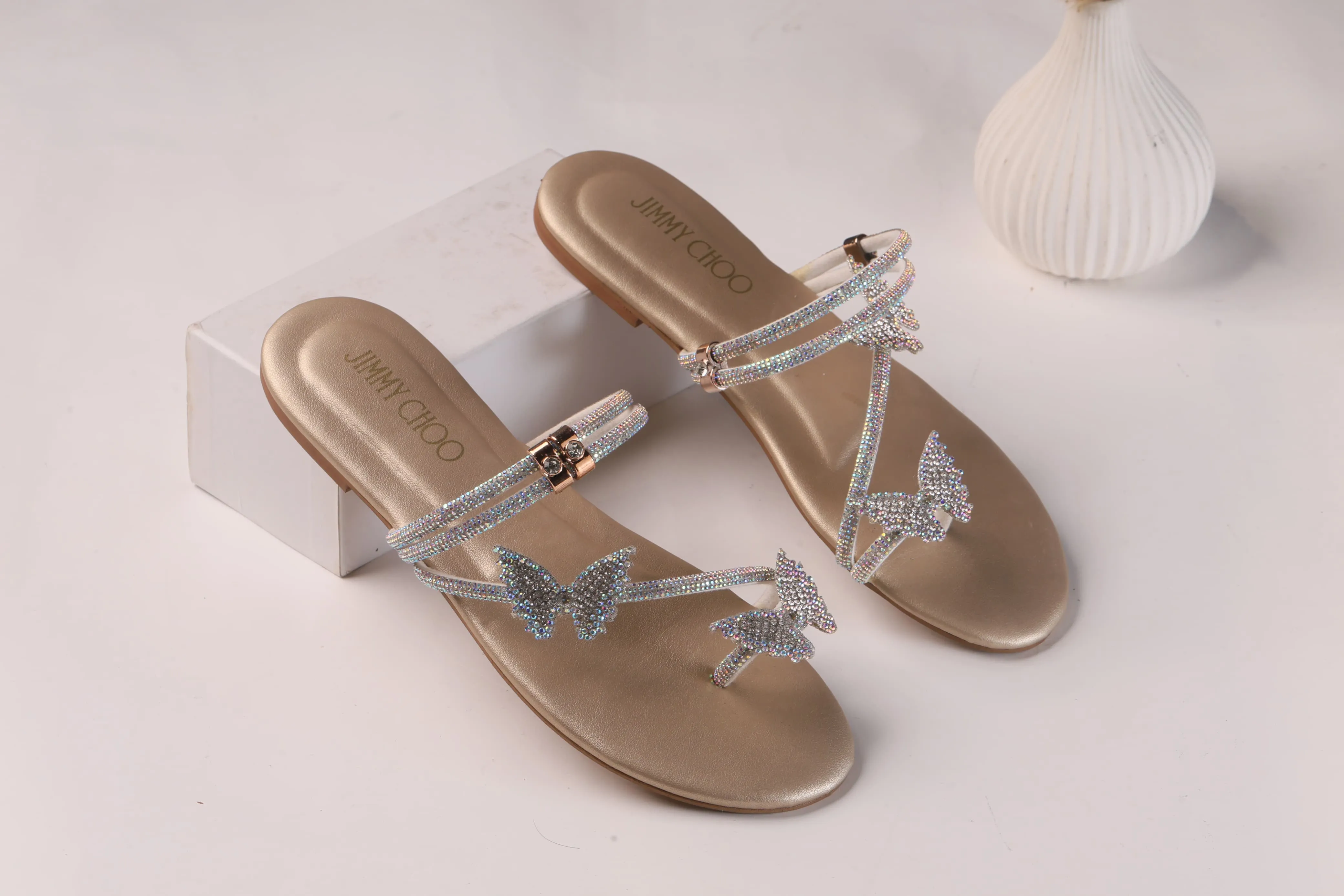 JIMMY CHOO Shinnying Rhinestone Butterfly Flat Slippers