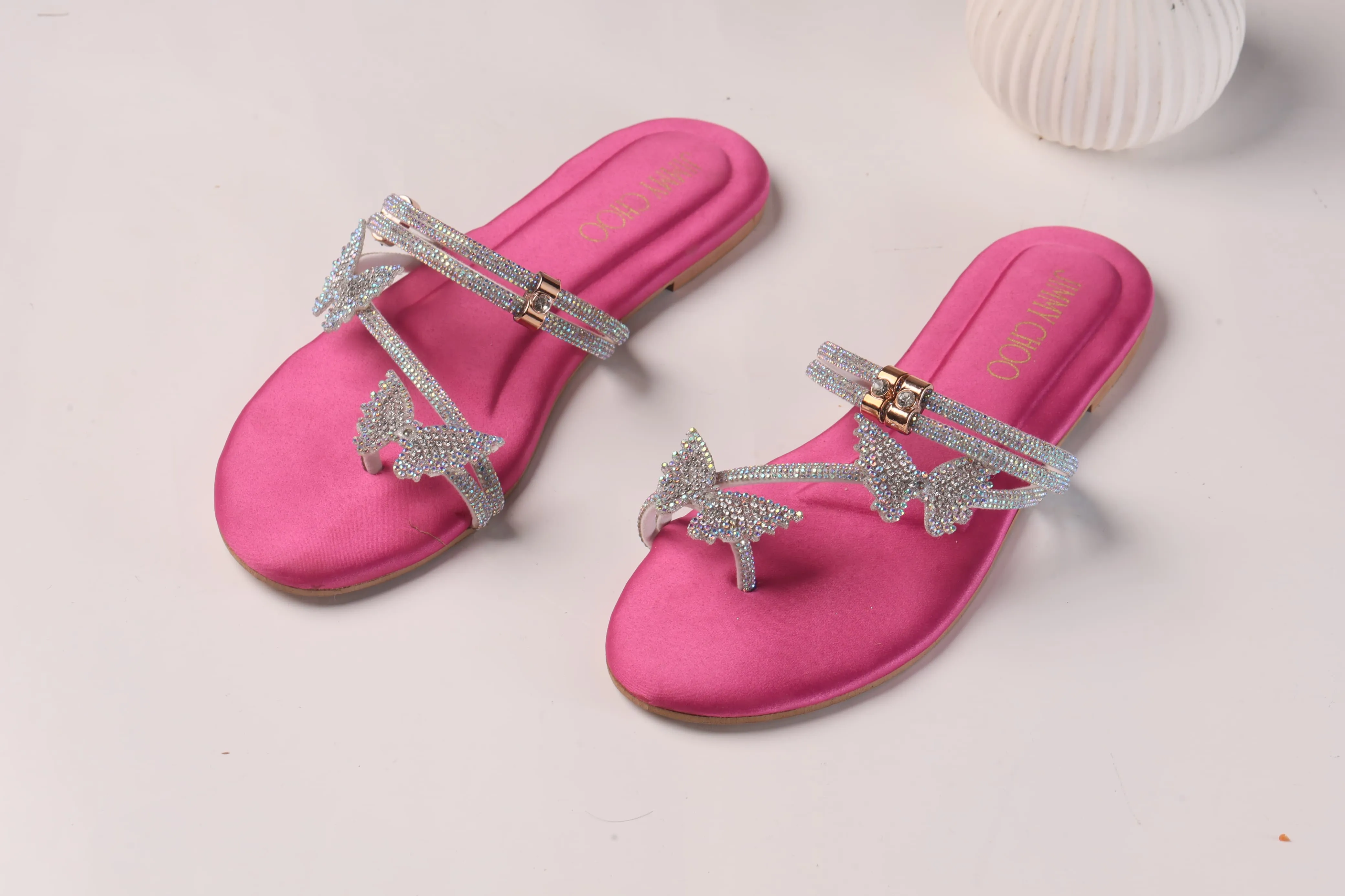 JIMMY CHOO Shinnying Rhinestone Butterfly Flat Slippers