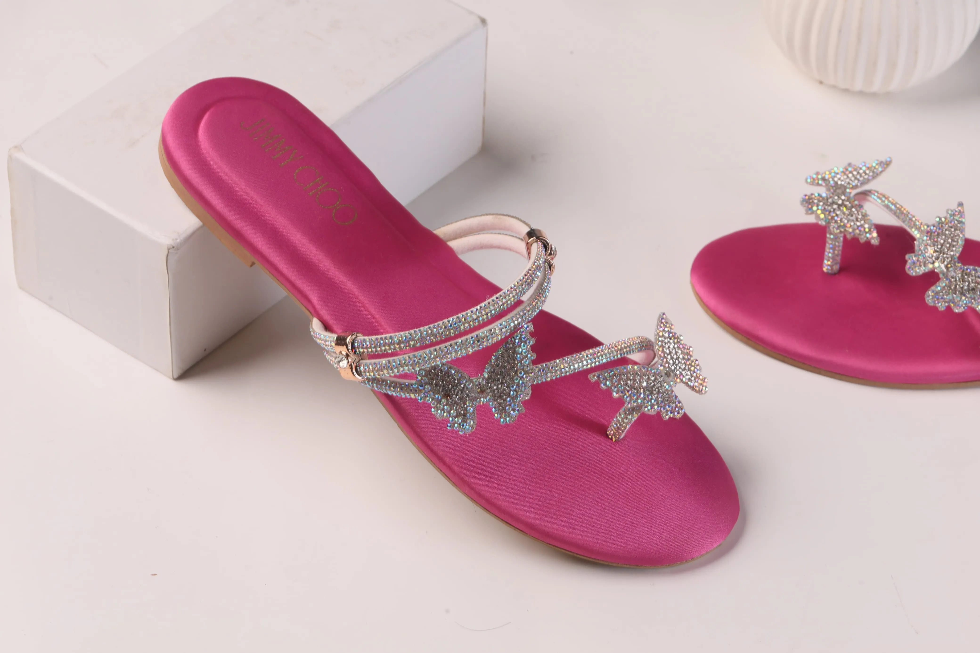 JIMMY CHOO Shinnying Rhinestone Butterfly Flat Slippers