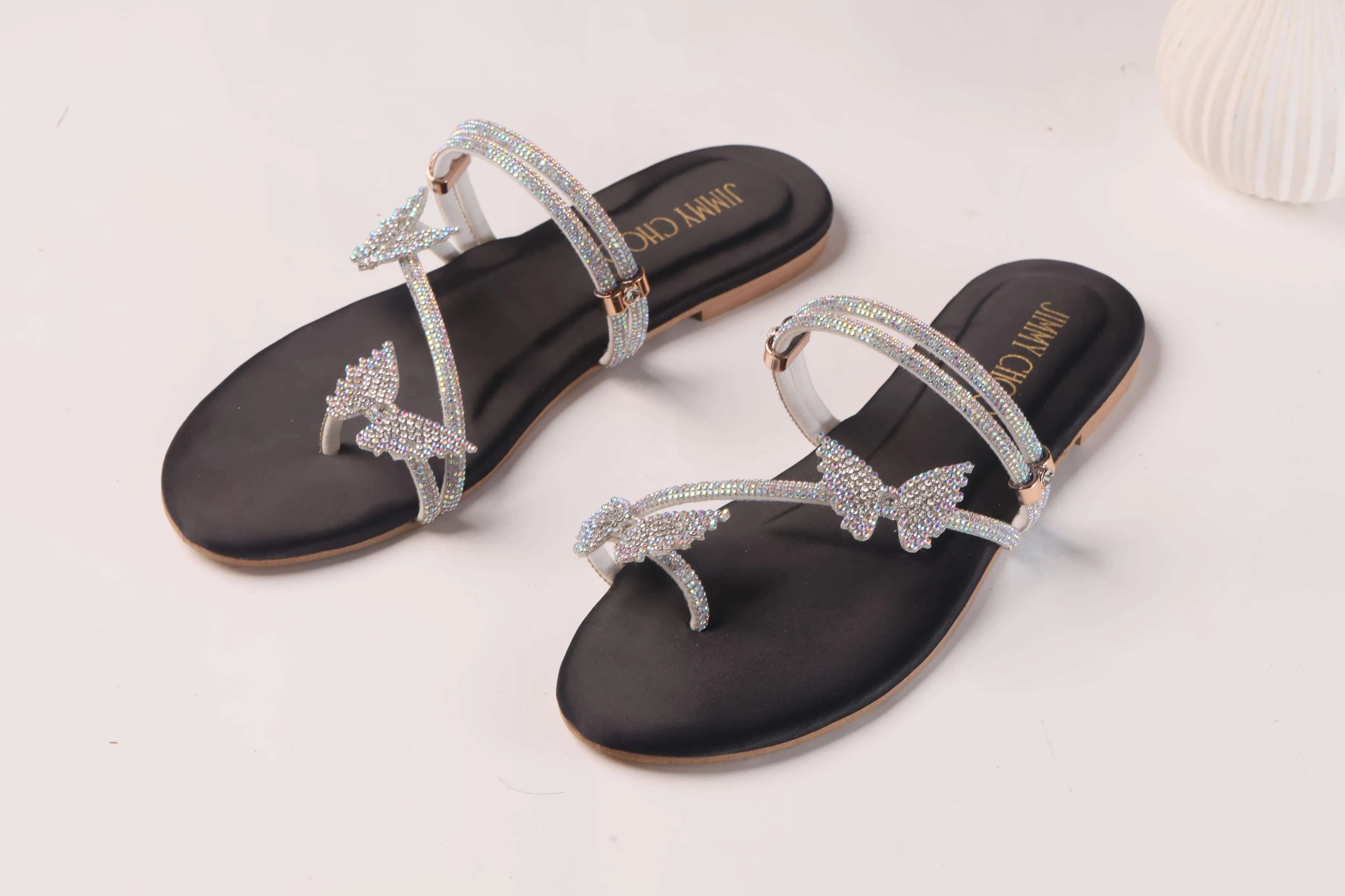 JIMMY CHOO Shinnying Rhinestone Butterfly Flat Slippers