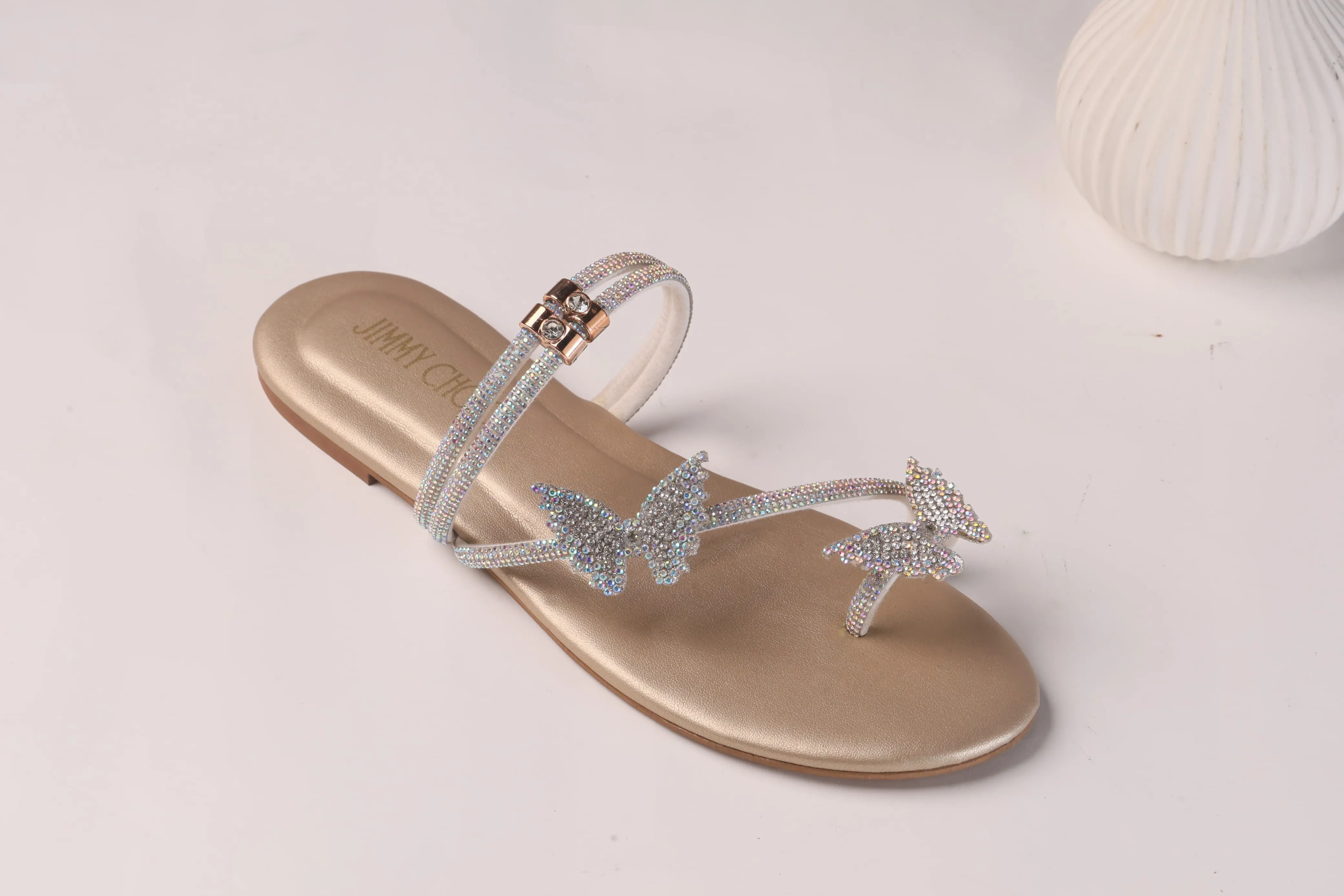 JIMMY CHOO Shinnying Rhinestone Butterfly Flat Slippers