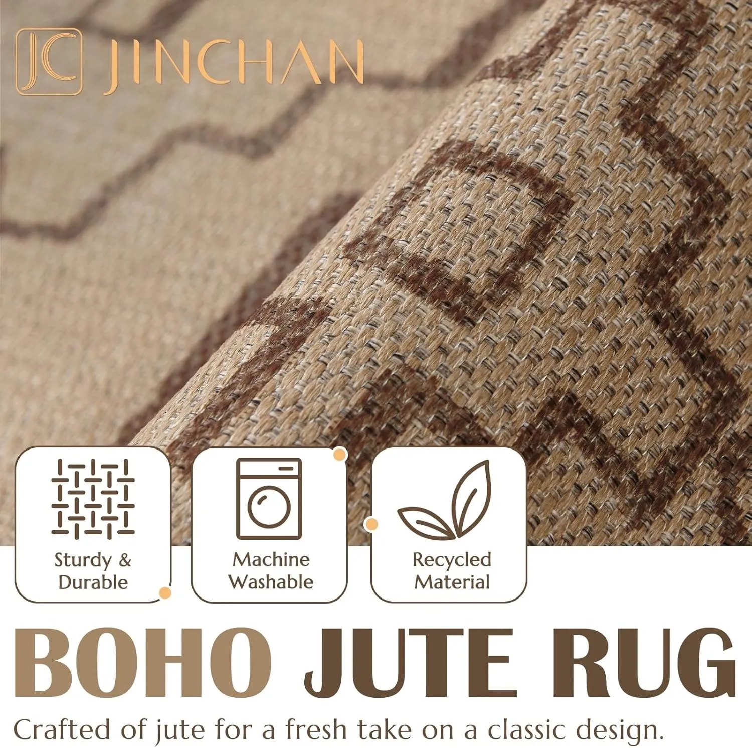 jinchan Area Rug 6x9 Recycled Boho Chic Jute Rug Indoor Outdoor Floor Cover Print Geometric Brown Accent Carpet for Living Room Bedroom Dining Room Patio Garden