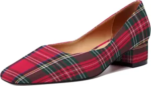 JUSTDANNI Red Plaid Womens Slip On Dress Stylish Wedding Square Toe Block Low Heel Pumps Shoes 1.5 Inch Size 9