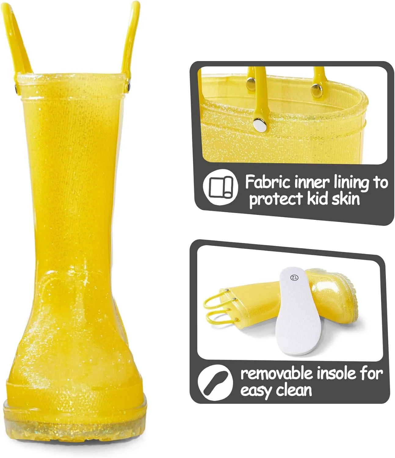 K KomForme Girls Rain Boots,Kids Glitter Waterproof Boots with Easy-on Handles