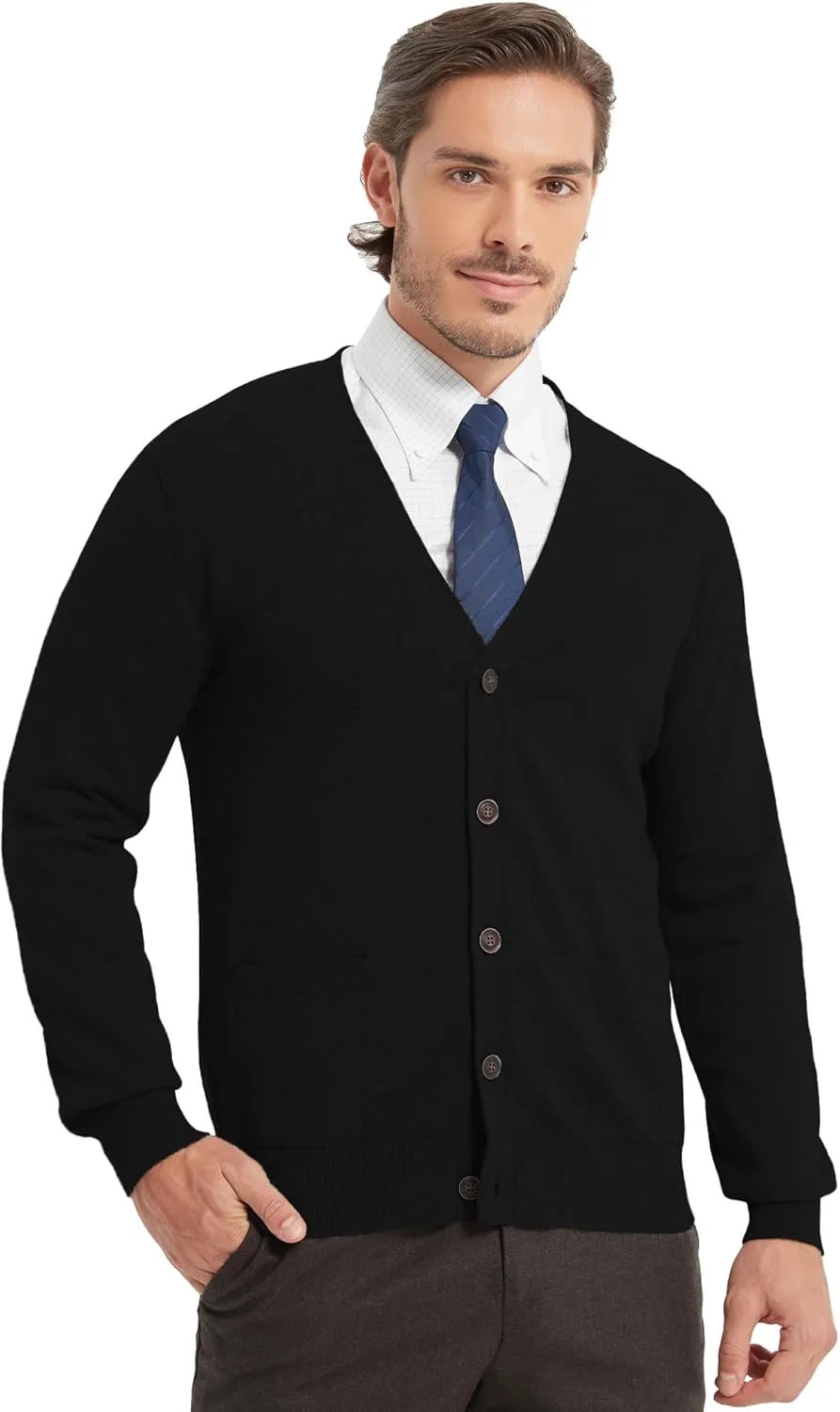 Kallspin Men’s Pure Cotton Cardigan Sweater V-Neck Button Down Cardigan Lightweight Knitwear with Pockets
