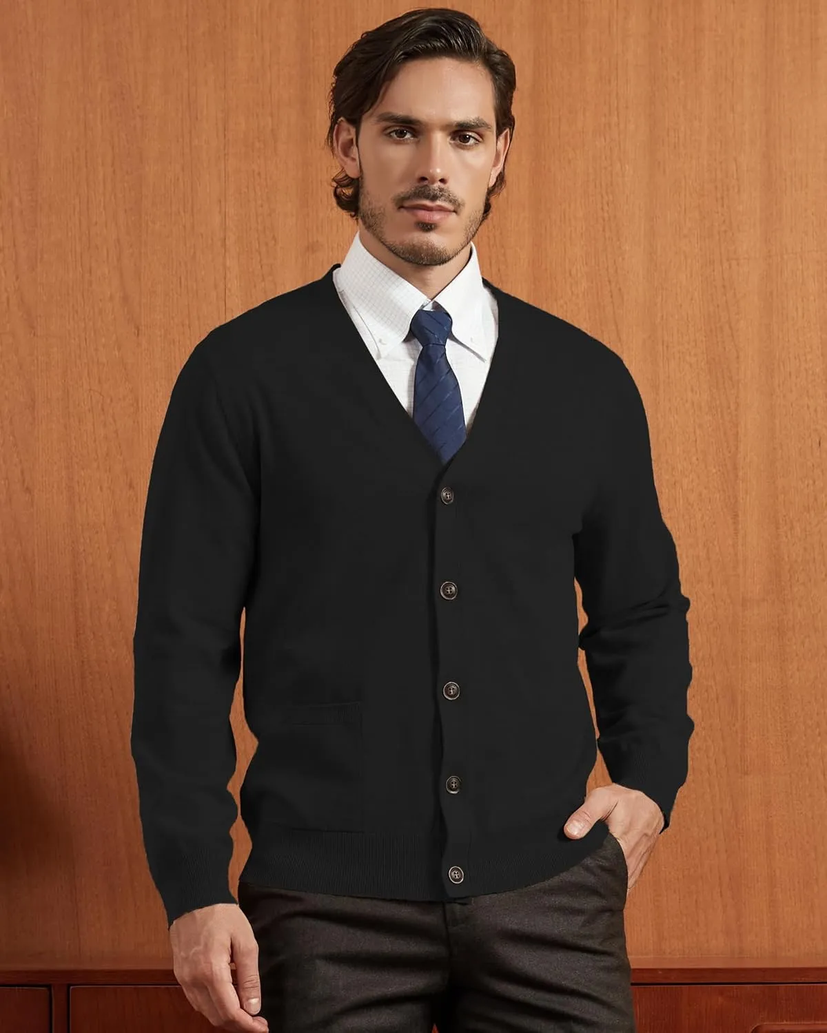 Kallspin Men’s Pure Cotton Cardigan Sweater V-Neck Button Down Cardigan Lightweight Knitwear with Pockets