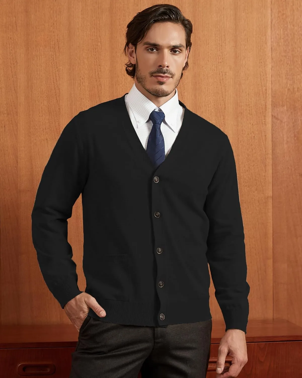 Kallspin Men’s Pure Cotton Cardigan Sweater V-Neck Button Down Cardigan Lightweight Knitwear with Pockets