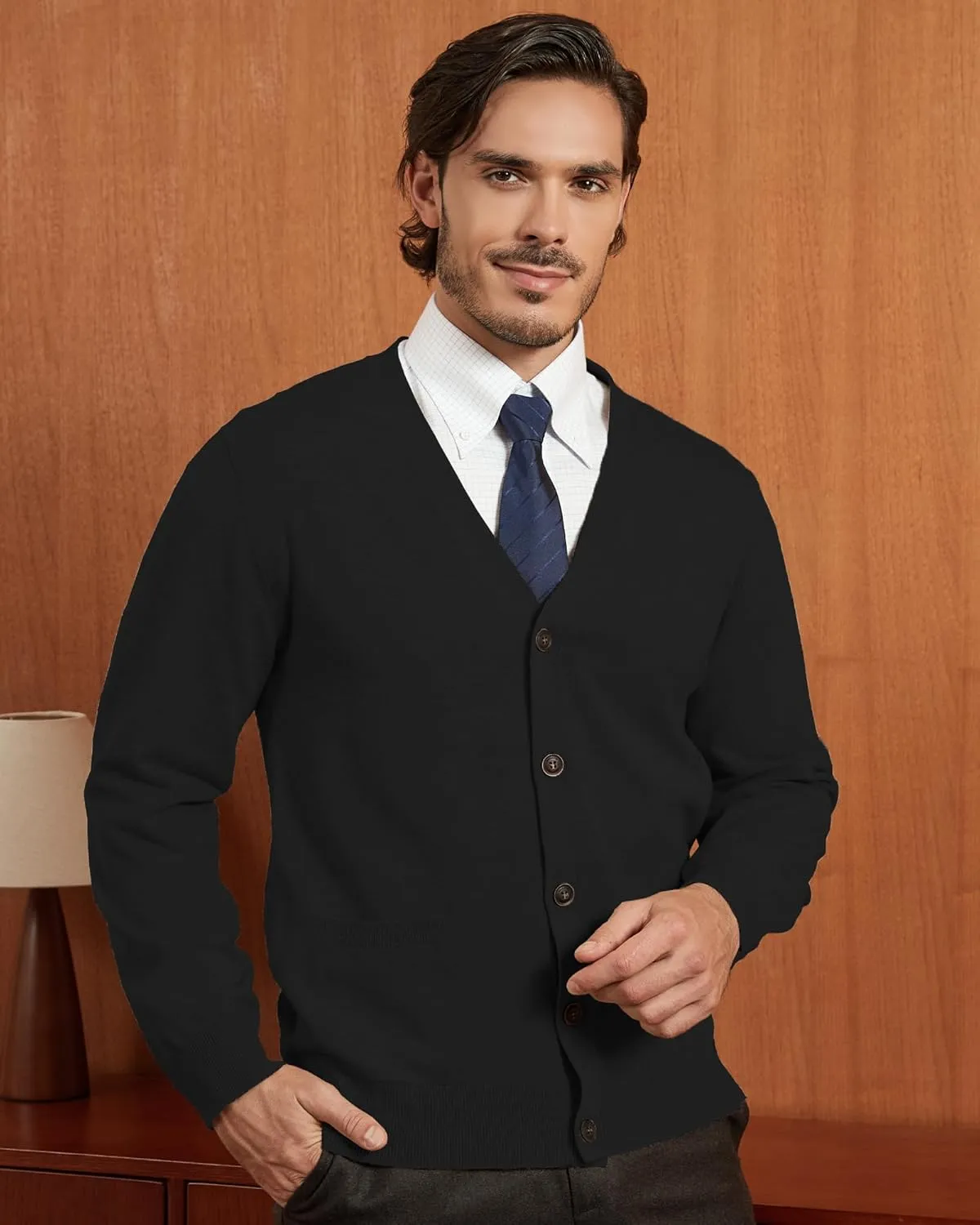 Kallspin Men’s Pure Cotton Cardigan Sweater V-Neck Button Down Cardigan Lightweight Knitwear with Pockets