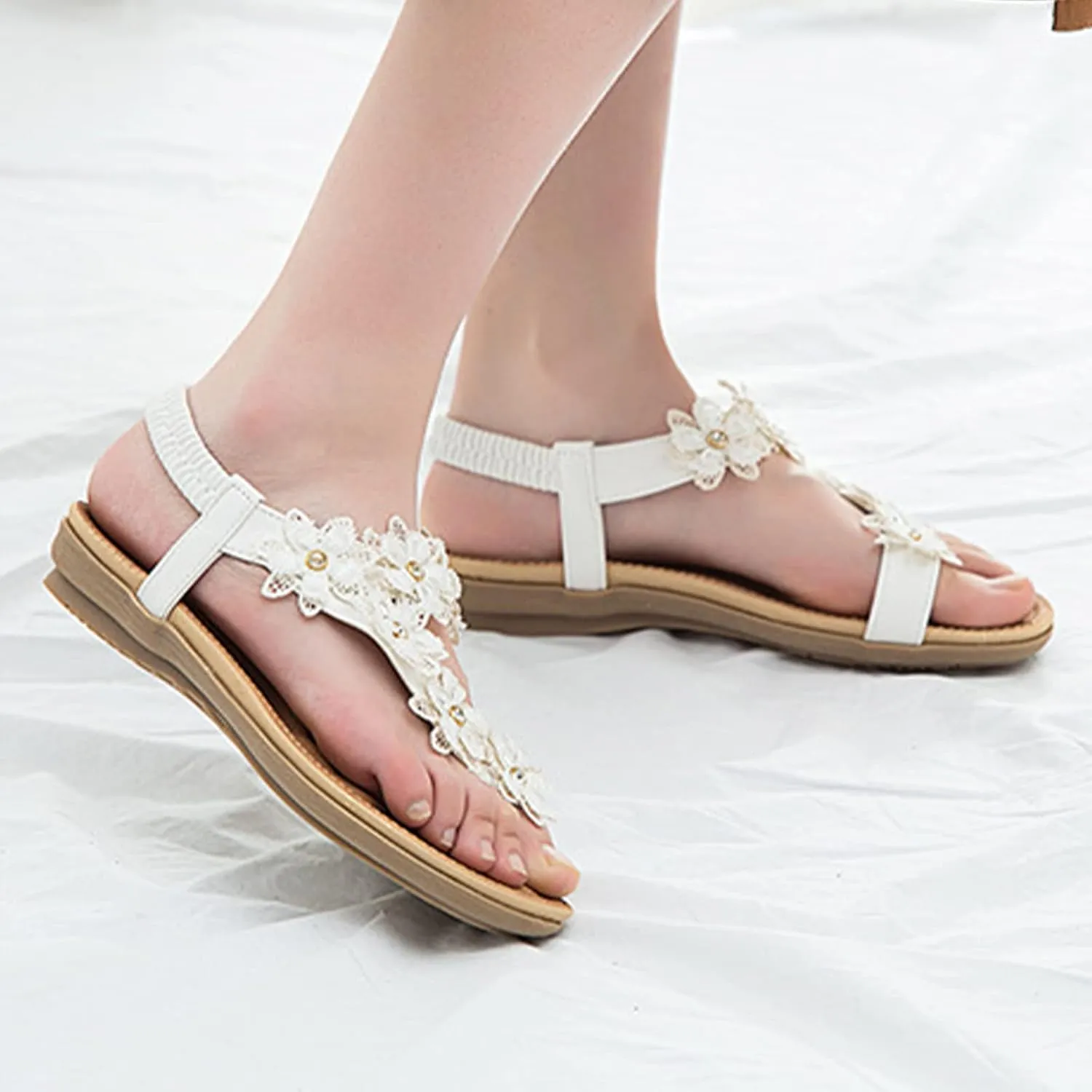 Keilinia Women's Thong Flat Sandals,Summer Flower Rhinestones Comfy Boho Slingback Ankle Elastic T-Strap Walking Beach Flip Flops