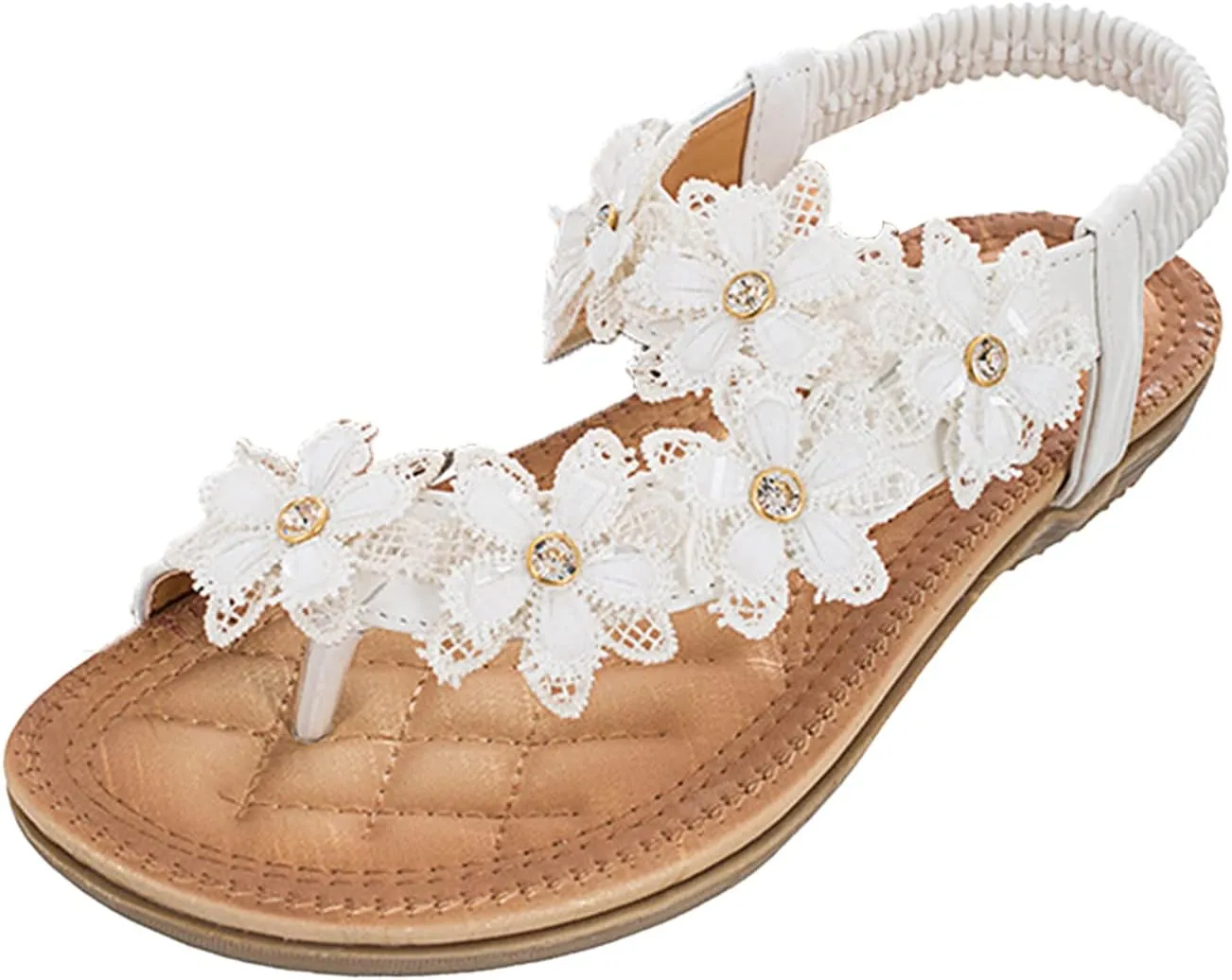 Keilinia Women's Thong Flat Sandals,Summer Flower Rhinestones Comfy Boho Slingback Ankle Elastic T-Strap Walking Beach Flip Flops