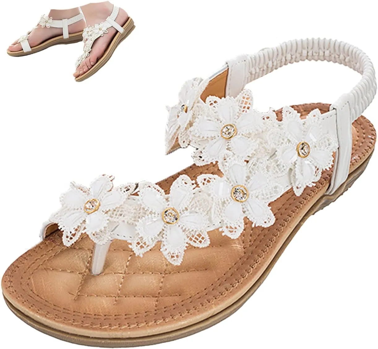Keilinia Women's Thong Flat Sandals,Summer Flower Rhinestones Comfy Boho Slingback Ankle Elastic T-Strap Walking Beach Flip Flops