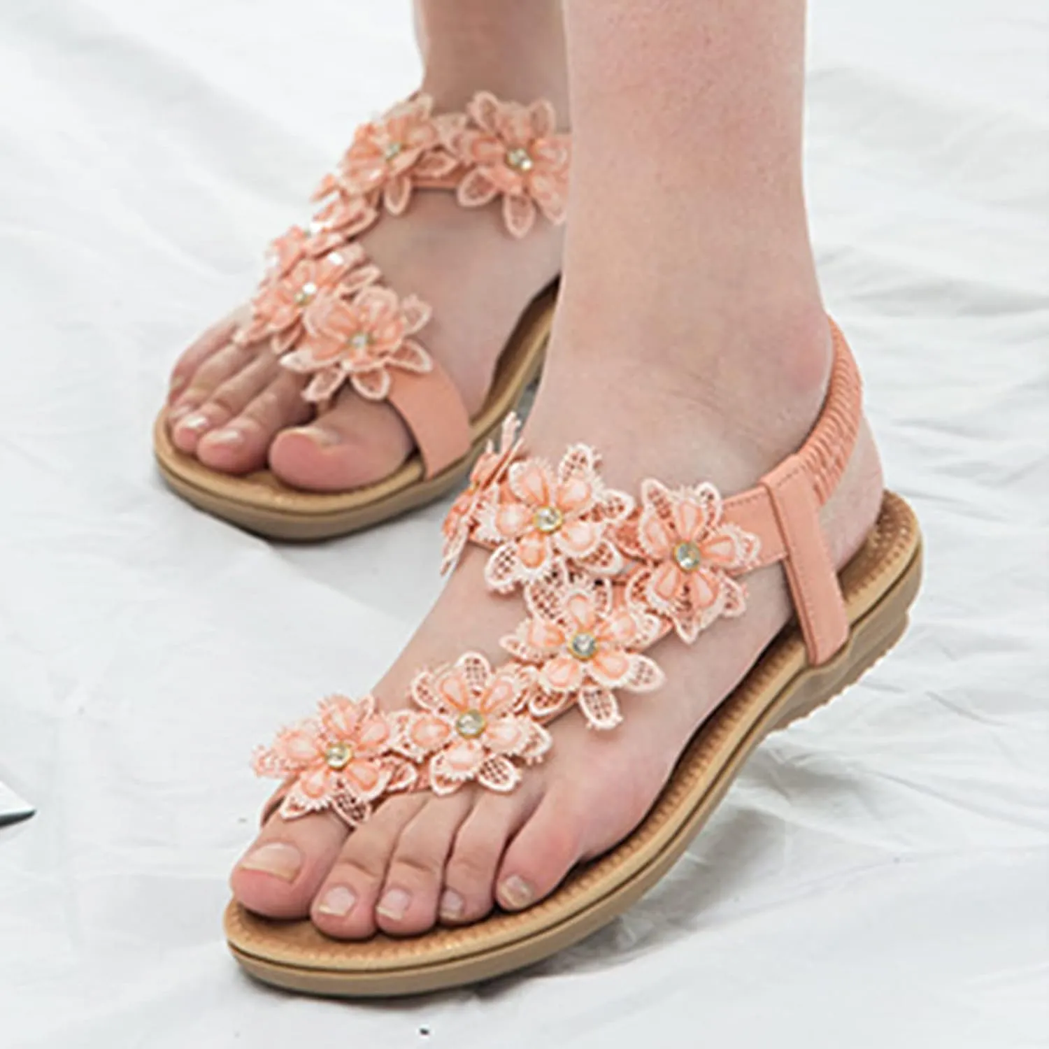 Keilinia Women's Thong Flat Sandals,Summer Flower Rhinestones Comfy Boho Slingback Ankle Elastic T-Strap Walking Beach Flip Flops