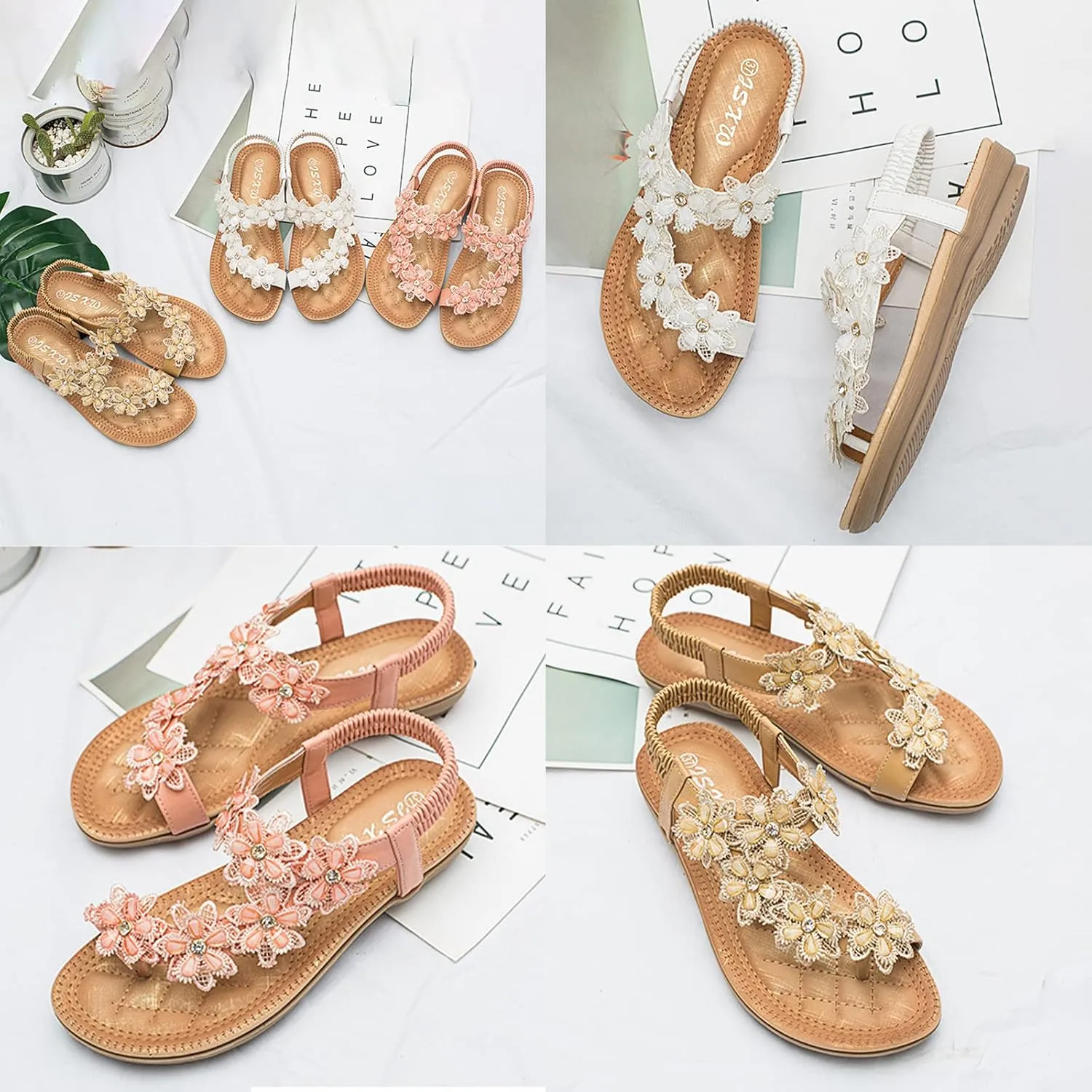 Keilinia Women's Thong Flat Sandals,Summer Flower Rhinestones Comfy Boho Slingback Ankle Elastic T-Strap Walking Beach Flip Flops