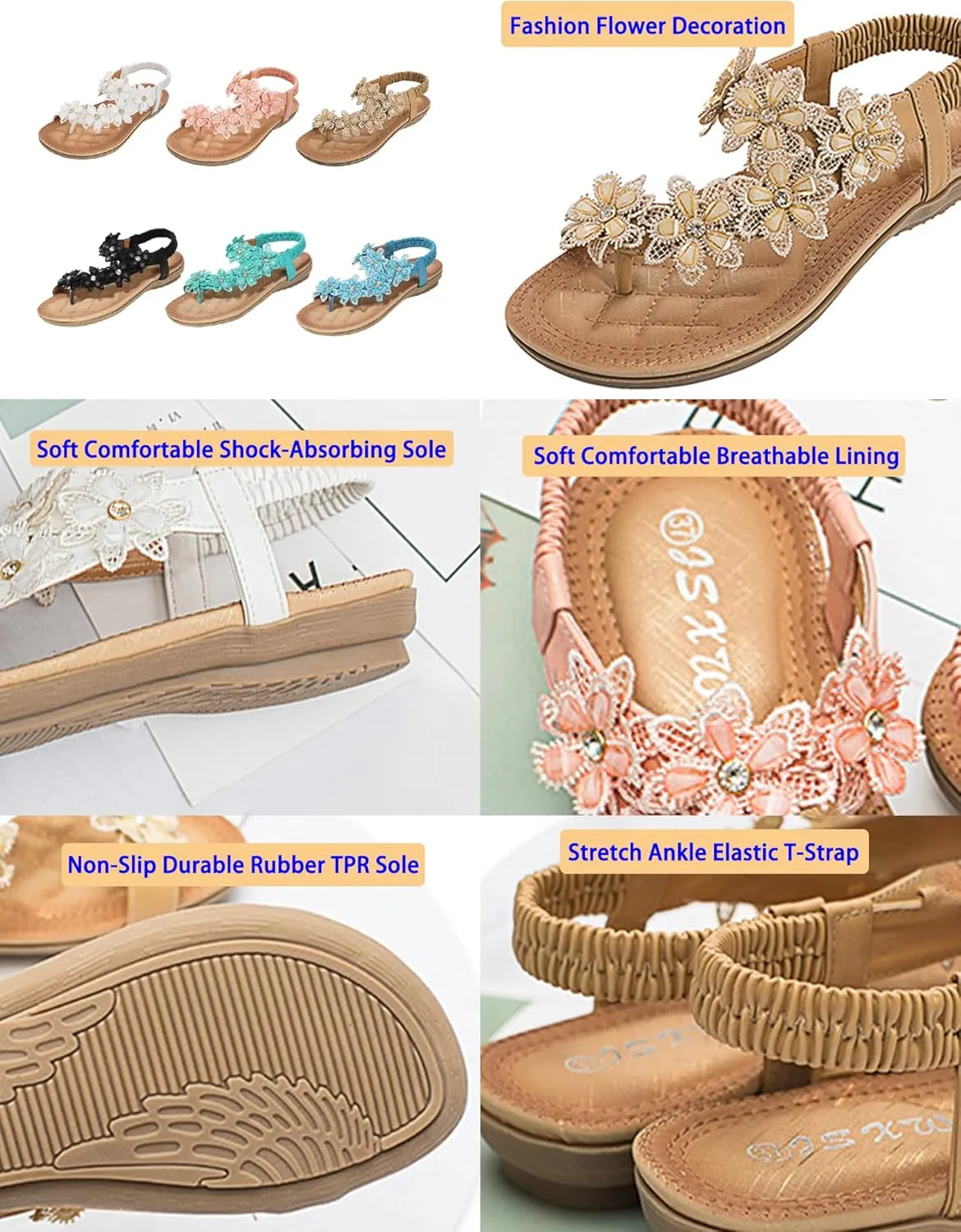Keilinia Women's Thong Flat Sandals,Summer Flower Rhinestones Comfy Boho Slingback Ankle Elastic T-Strap Walking Beach Flip Flops