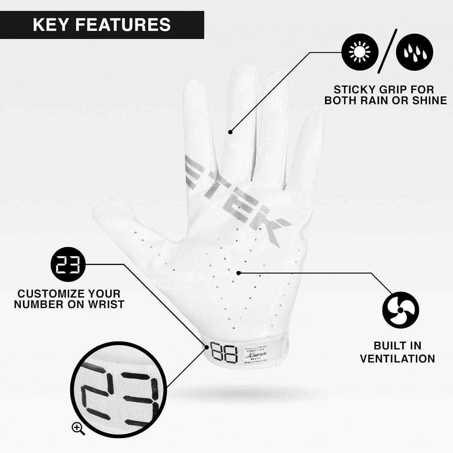 Kids RG-14 Super Tight Fitting Football Gloves - Youth Sizes - Easy Slip On Design No Wrist Strap