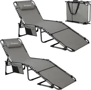 KingCamp 2 Pack Tanning Chair with Face Hole, Lounge Chairs Outdoor Folding Portable Comfy Adjustable 5-Position Lay Flat Foldable Chaise Chaser Lounger for Outside Beach Patio Sun Bathing Pool, Grey