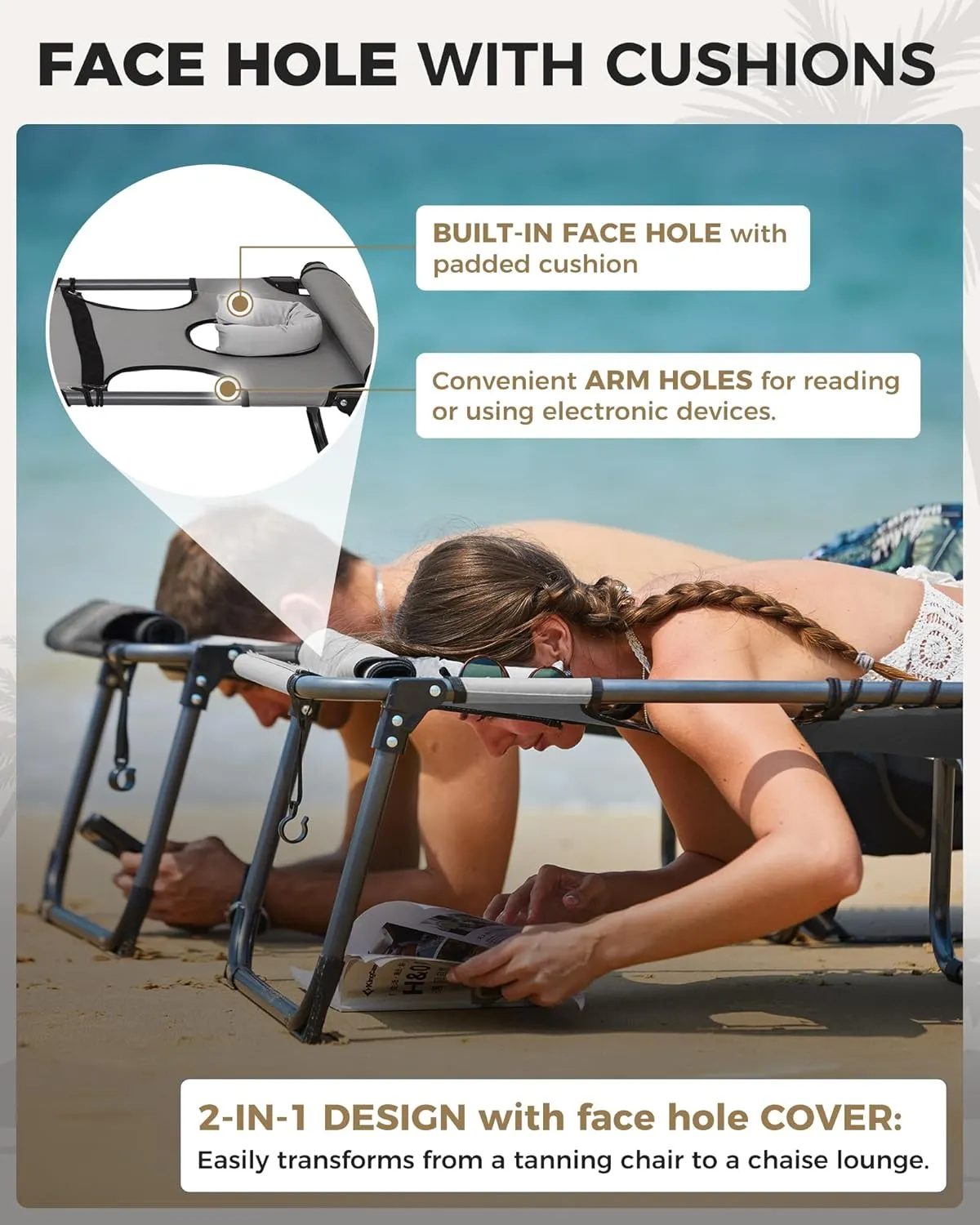 KingCamp 2 Pack Tanning Chair with Face Hole, Lounge Chairs Outdoor Folding Portable Comfy Adjustable 5-Position Lay Flat Foldable Chaise Chaser Lounger for Outside Beach Patio Sun Bathing Pool, Grey