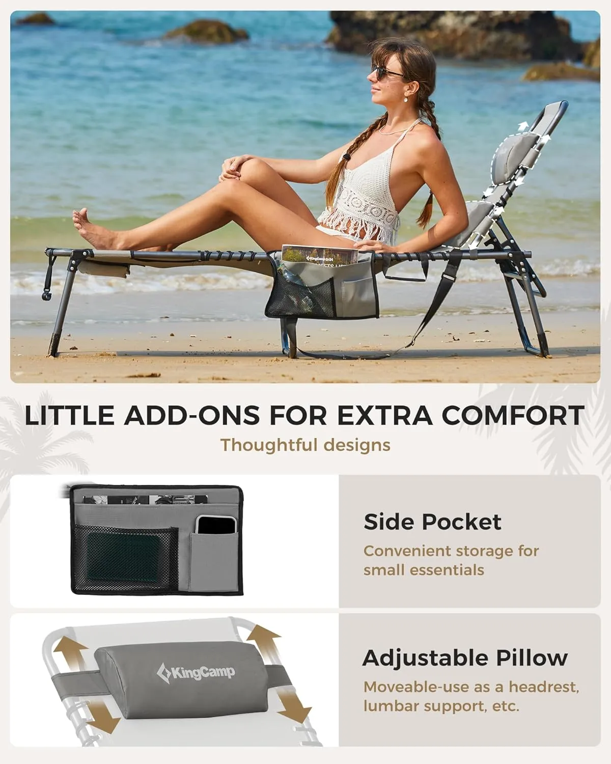 KingCamp 2 Pack Tanning Chair with Face Hole, Lounge Chairs Outdoor Folding Portable Comfy Adjustable 5-Position Lay Flat Foldable Chaise Chaser Lounger for Outside Beach Patio Sun Bathing Pool, Grey