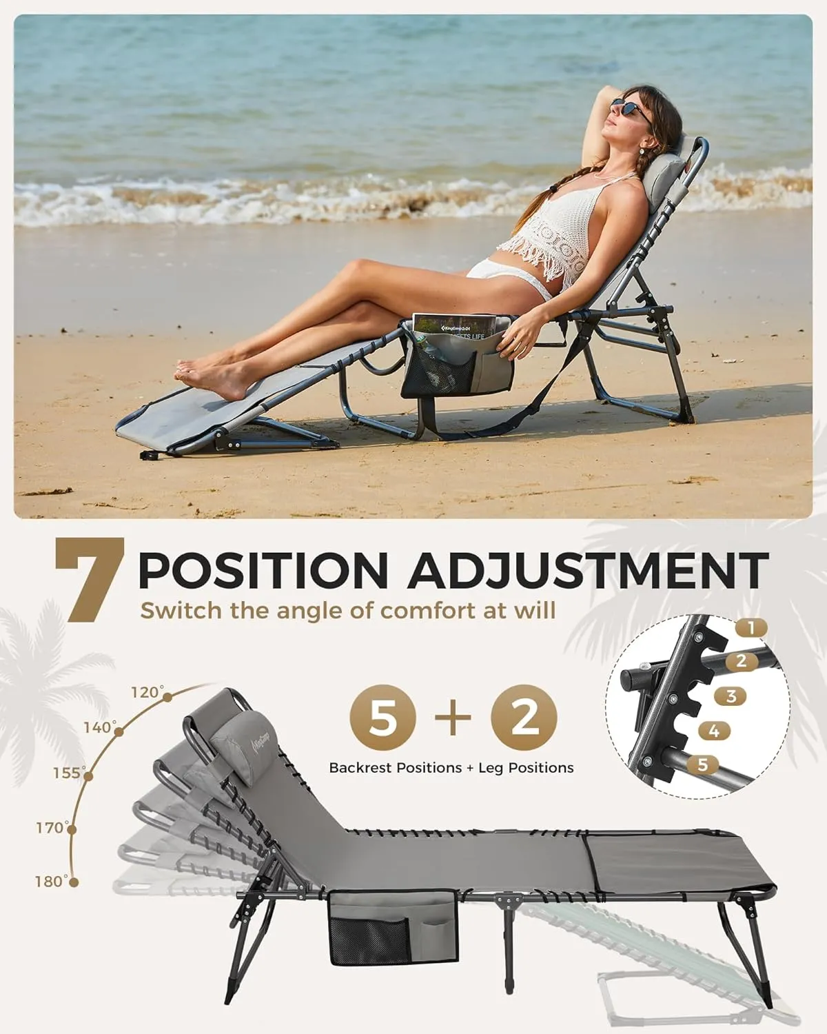 KingCamp 2 Pack Tanning Chair with Face Hole, Lounge Chairs Outdoor Folding Portable Comfy Adjustable 5-Position Lay Flat Foldable Chaise Chaser Lounger for Outside Beach Patio Sun Bathing Pool, Grey