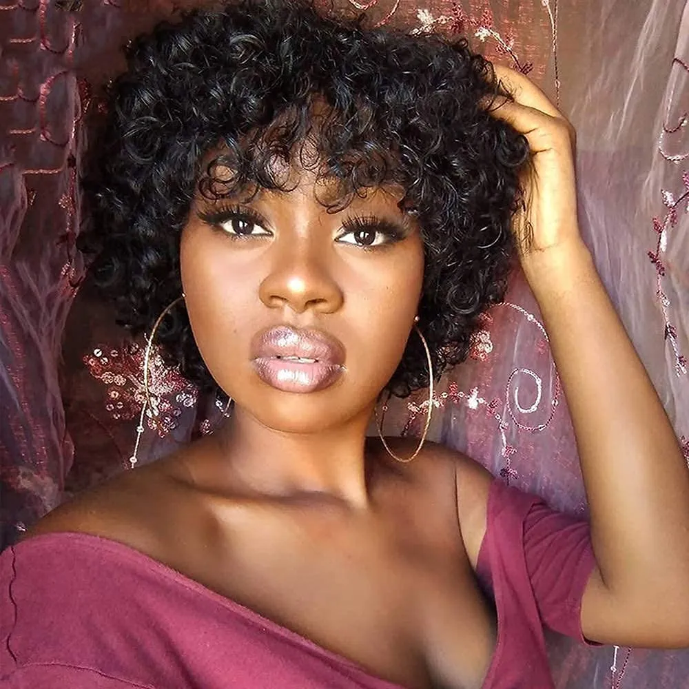 KLAIYI Short Bob Curly Wig with Bangs Human Hair Pixie Cut Wig Bouncy Curls Wear and Go Glueless Wigs for Black Women Brazilian Hair No Lace Front Afro Kinky Curly Wig 150% Density 8Inch Natural Color
