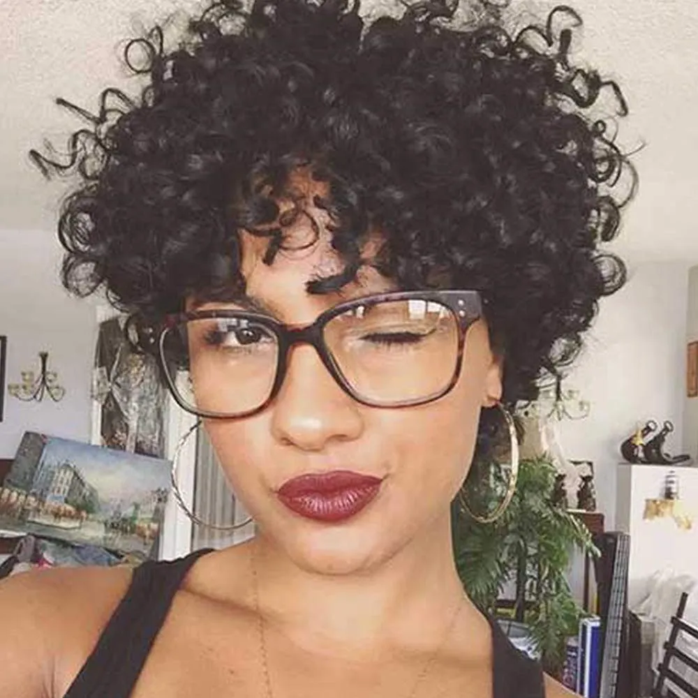 KLAIYI Short Bob Curly Wig with Bangs Human Hair Pixie Cut Wig Bouncy Curls Wear and Go Glueless Wigs for Black Women Brazilian Hair No Lace Front Afro Kinky Curly Wig 150% Density 8Inch Natural Color