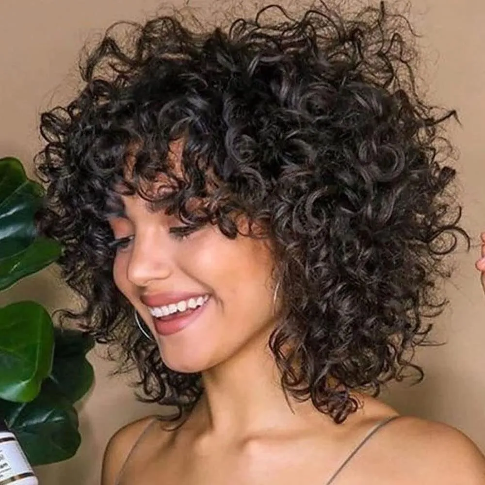 KLAIYI Short Bob Curly Wig with Bangs Human Hair Pixie Cut Wig Bouncy Curls Wear and Go Glueless Wigs for Black Women Brazilian Hair No Lace Front Afro Kinky Curly Wig 150% Density 8Inch Natural Color