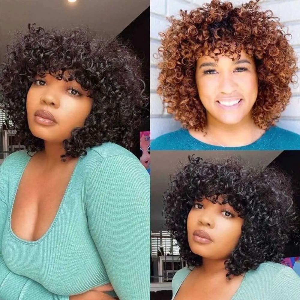 KLAIYI Short Bob Curly Wig with Bangs Human Hair Pixie Cut Wig Bouncy Curls Wear and Go Glueless Wigs for Black Women Brazilian Hair No Lace Front Afro Kinky Curly Wig 150% Density 8Inch Natural Color