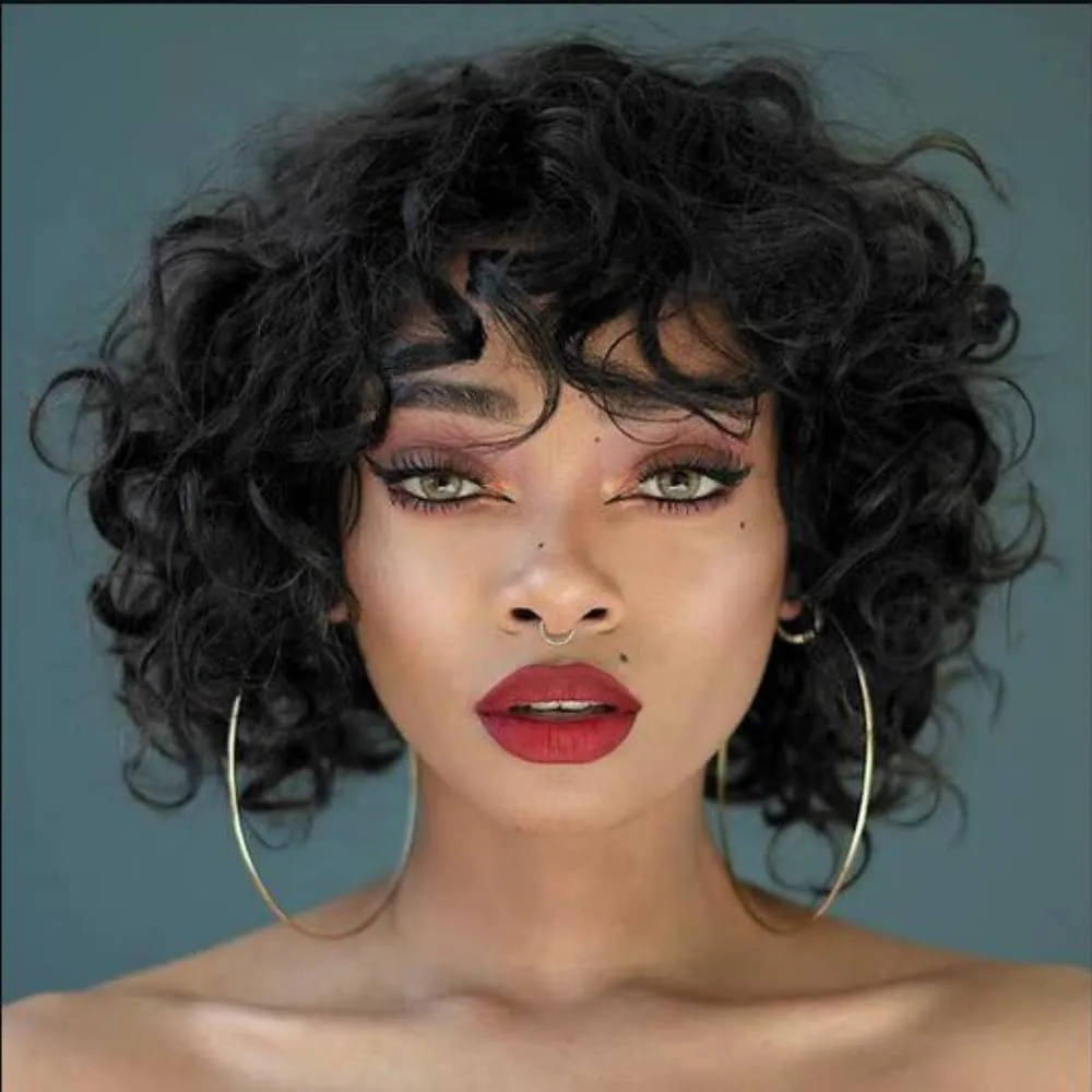 KLAIYI Short Bob Curly Wig with Bangs Human Hair Pixie Cut Wig Bouncy Curls Wear and Go Glueless Wigs for Black Women Brazilian Hair No Lace Front Afro Kinky Curly Wig 150% Density 8Inch Natural Color