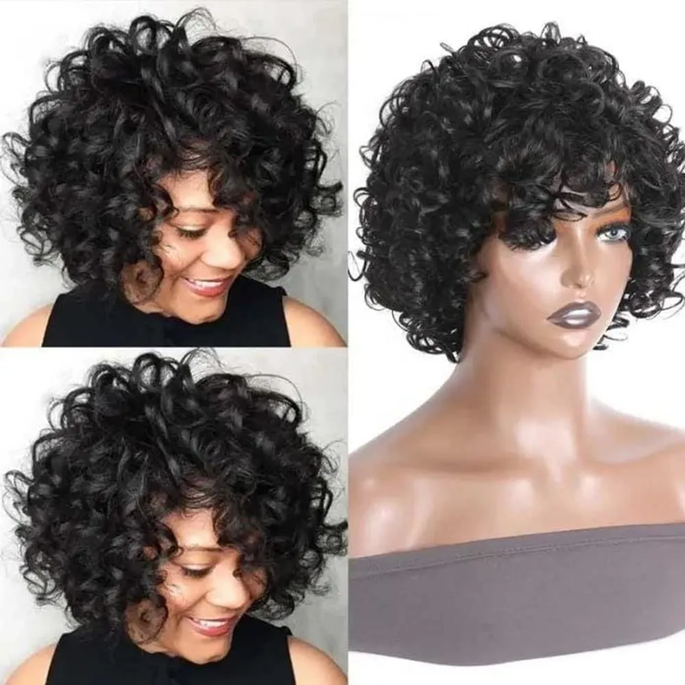 KLAIYI Short Bob Curly Wig with Bangs Human Hair Pixie Cut Wig Bouncy Curls Wear and Go Glueless Wigs for Black Women Brazilian Hair No Lace Front Afro Kinky Curly Wig 150% Density 8Inch Natural Color